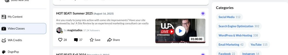Screenshot of hotseat summer 2025 expert live class at wealthy affiliate by Jay.