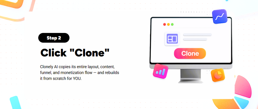 ClonelyAI AI-powered website cloning tool interface showing a cloned website being edited.