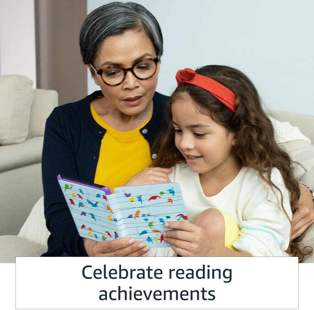 Image showing mother guiding her young daughter to read stories with a new kindle paperwhite  kids with a beautiful cover.