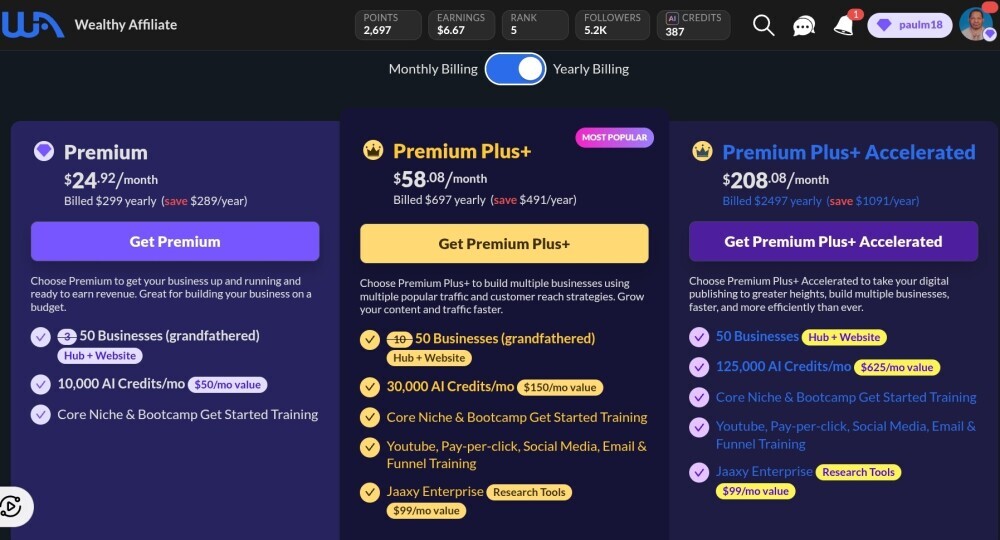 Screenshot of wealthy affiliate Pricing Table 