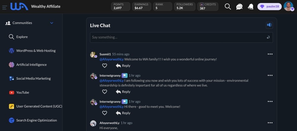 Screenshot of wealthy affiliate community feed dashboard