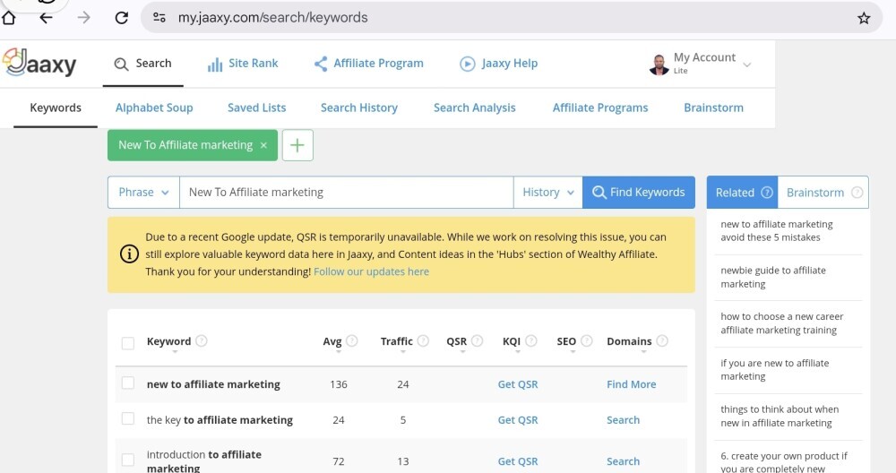 screenshot of the homepage of Jaaxy keyword research tool 