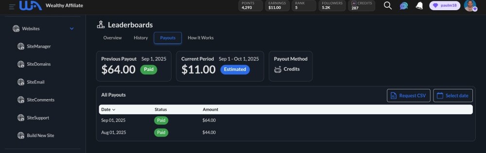 screenshot of earnings from wealthy affiliate point system.