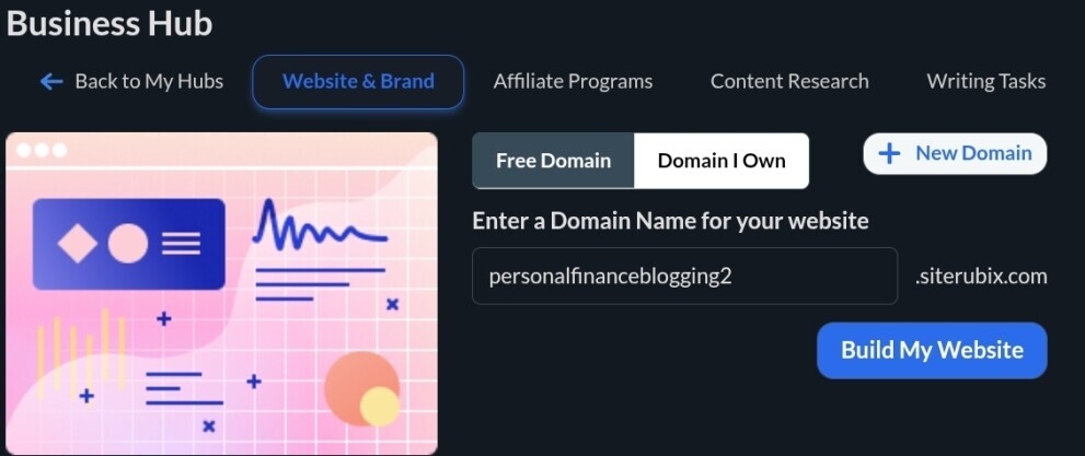 screenshot of the launching of new business hub on siterubix website building dashboard.