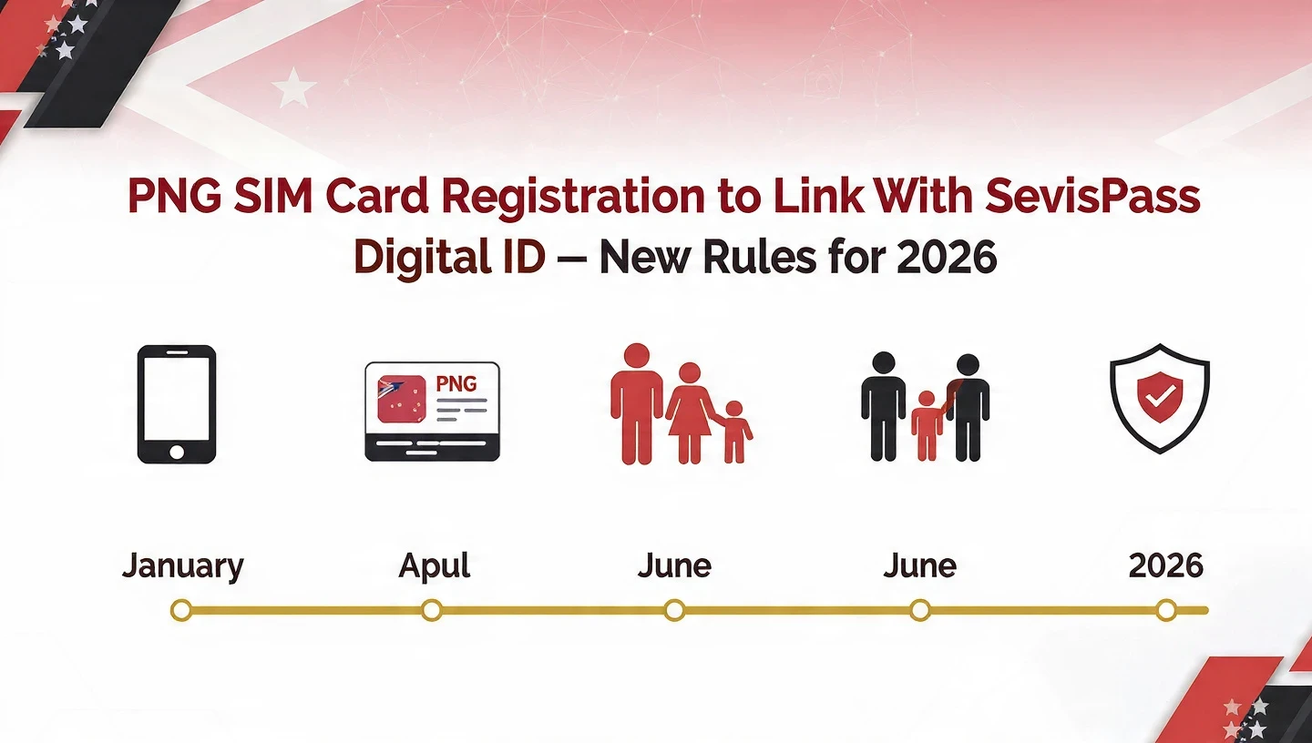 A clean, professional infographic-style image showing the headline “PNG SIM Card Registration to Link With SevisPass Digital ID — New Rules for 2026”. Include icons for mobile phones, digital ID cards, families (adult, teenager, child), security shield, and a timeline from Jan–June 2026. Use PNG national colors (red, black, gold) with a modern, government-style design. PNG SIM card registration 2026