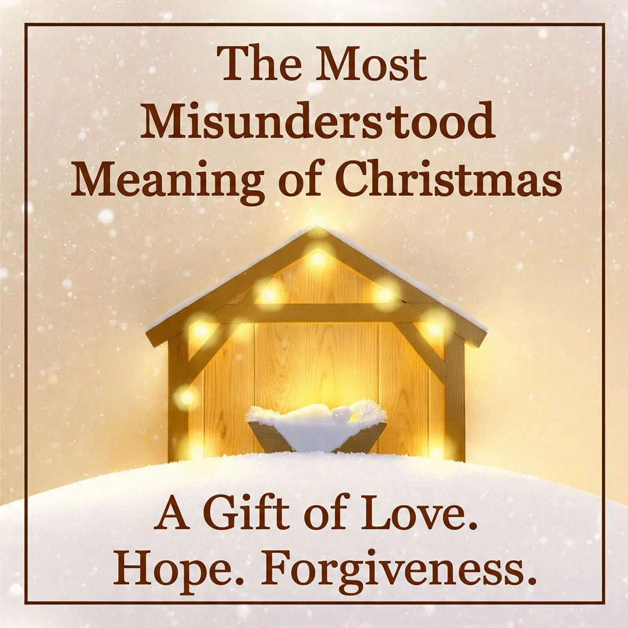 A warm, glowing Christmas scene with a wooden stable silhouette in the background. Soft golden lights shine on a simple manger with baby Jesus wrapped in cloth. Snow gently falls around the edges. At the top: “The Most Misunderstood Meaning of Christmas.” At the bottom in simple clean text: “A Gift of Love. Hope. Forgiveness.” Colors: gold, white, warm brown. Style: minimal, peaceful, reflective.