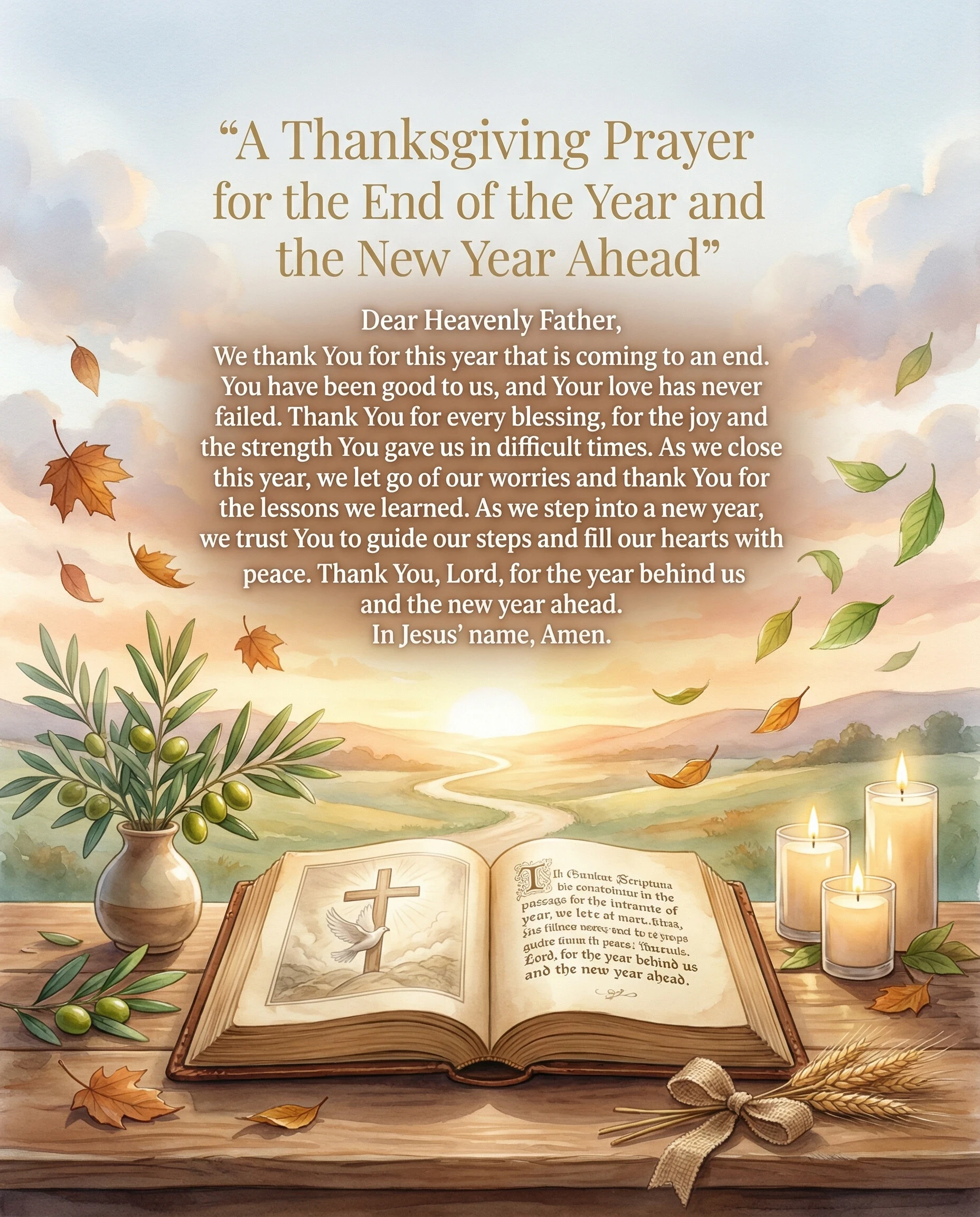 a peaceful, inspirational Christian-themed image that represents the end of one year and the beginning of a new year thankgiving prayer.
