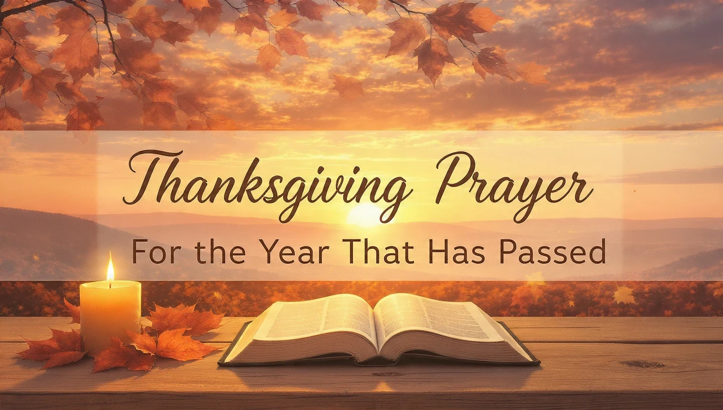 a peaceful Christian devotional image showing a warm sunset fading into twilight, symbolizing the end of a year. An open Bible rests on a wooden table with soft glowing candlelight beside it. Autumn leaves gently falling in the background.