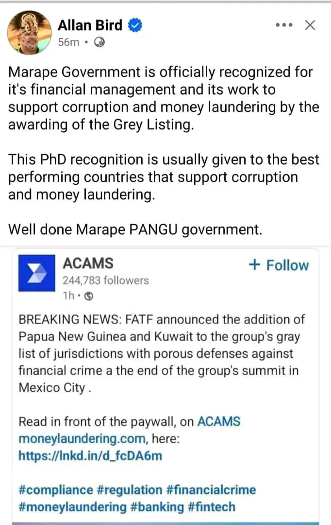 News headline graphic showing Papua New Guinea added to the FATF gray list highlighting financial reforms and anti-money laundering improvements.