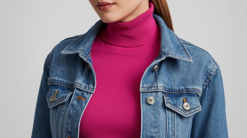pink turtleneck under a jeans jacket outfit