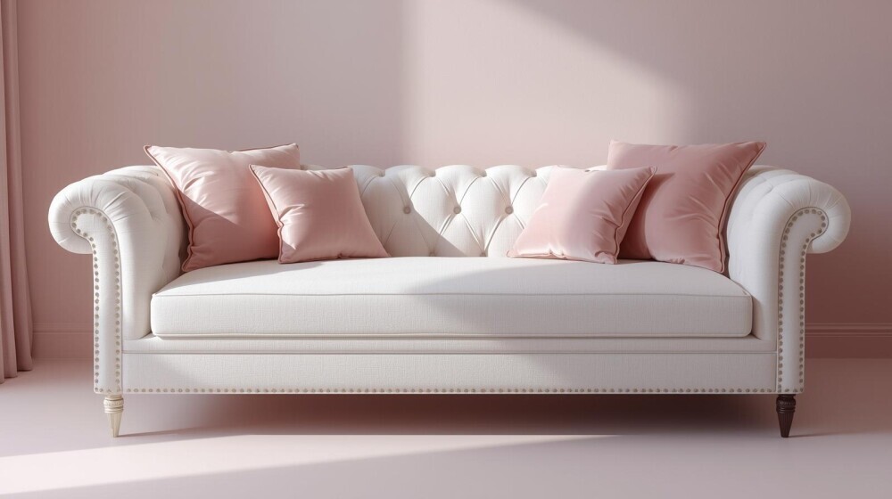 Pink cushions on white sofa