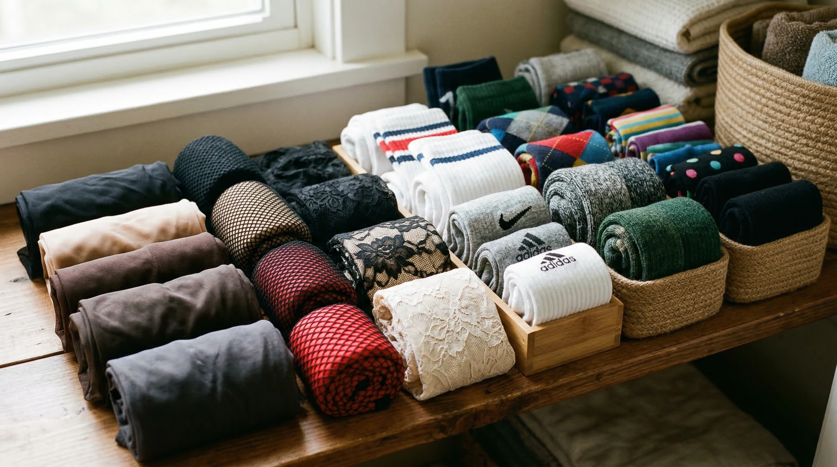 Variety of hosiery and socks, including lace, fishnet, and colorful styles