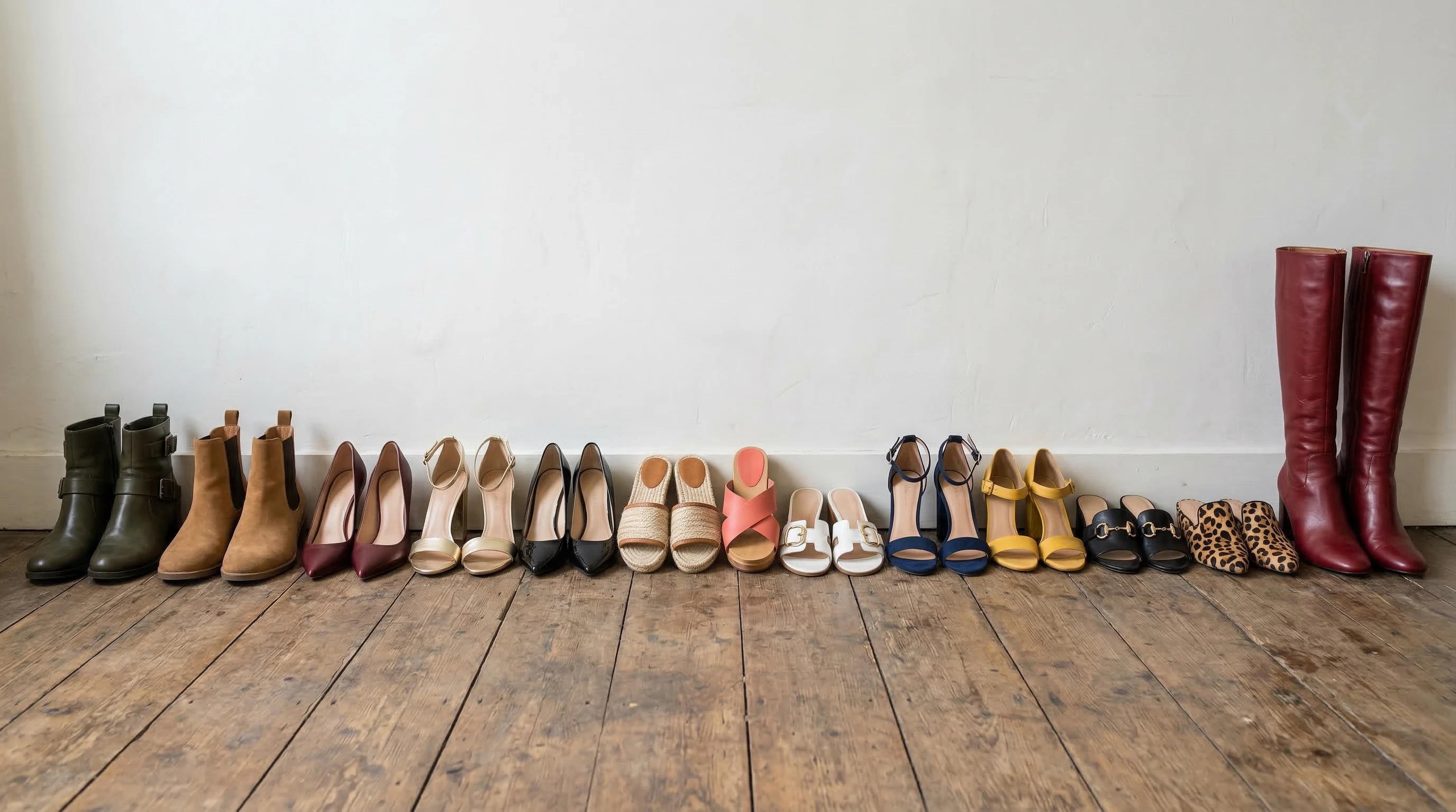 Colorful and stylish selection of shoes: heels, sandals, slides, and boots