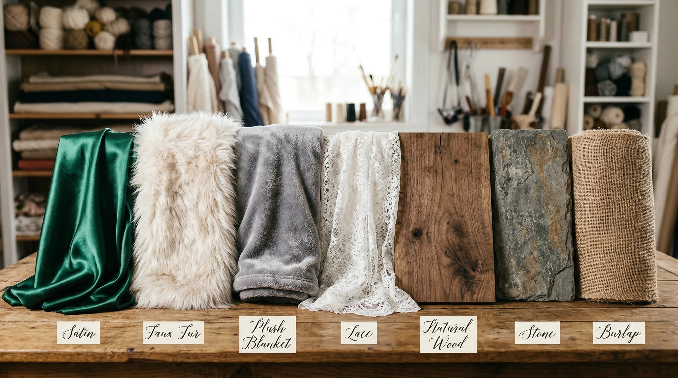 Assorted fabric props such as satin, faux fur, and lace swatches