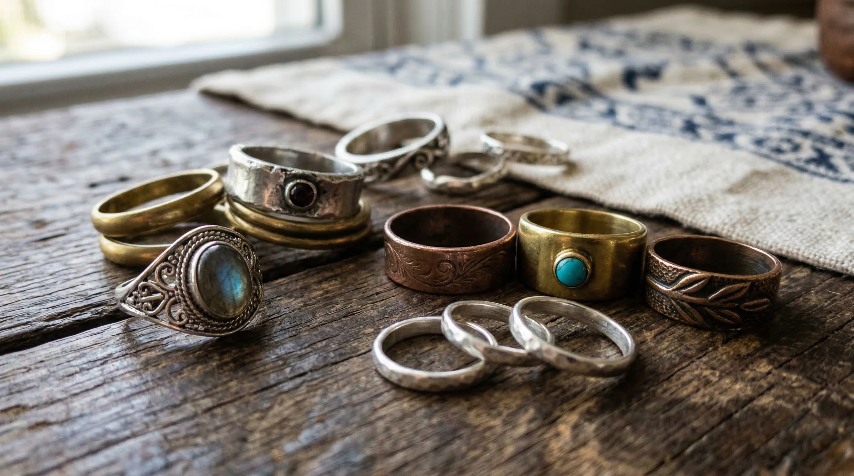 Decorative statement rings and toe rings arranged together