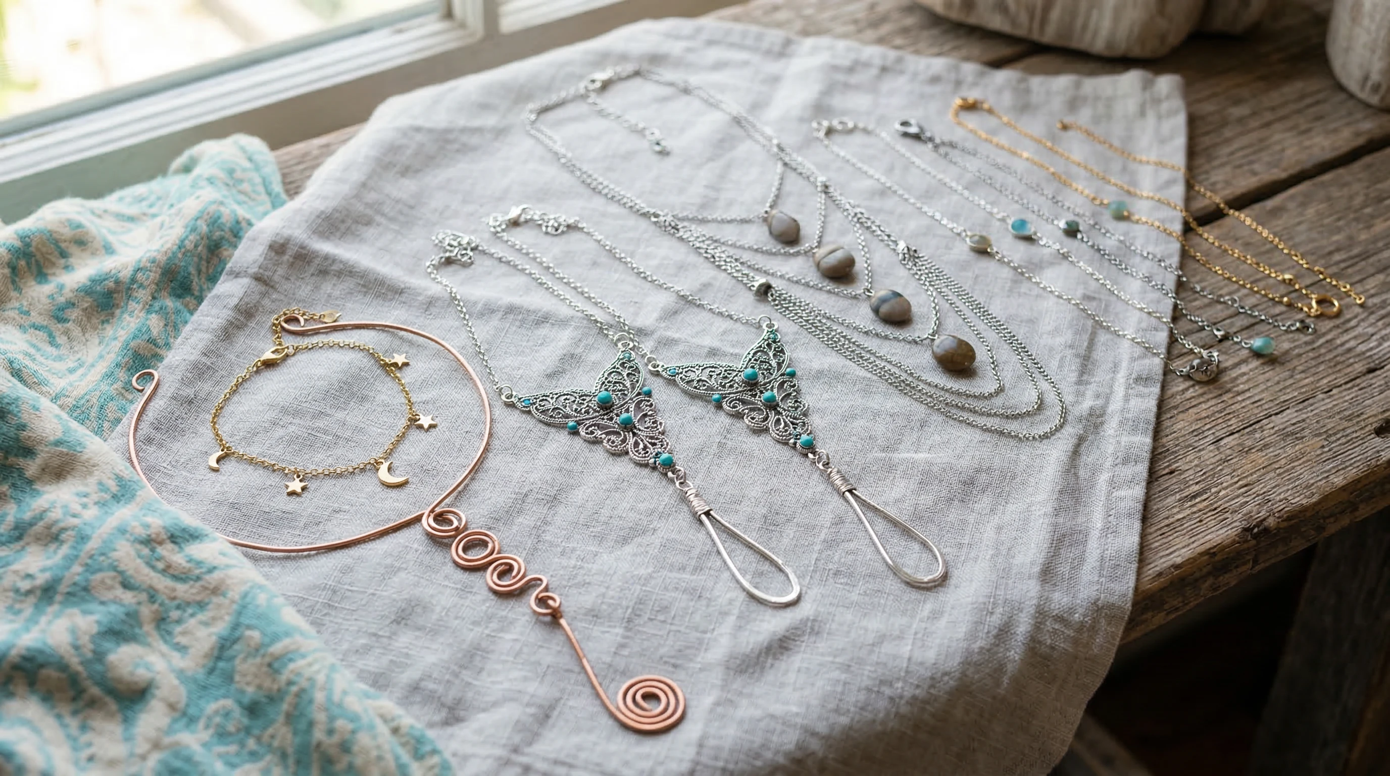 Foot jewelry and decorative foot chains displayed flat