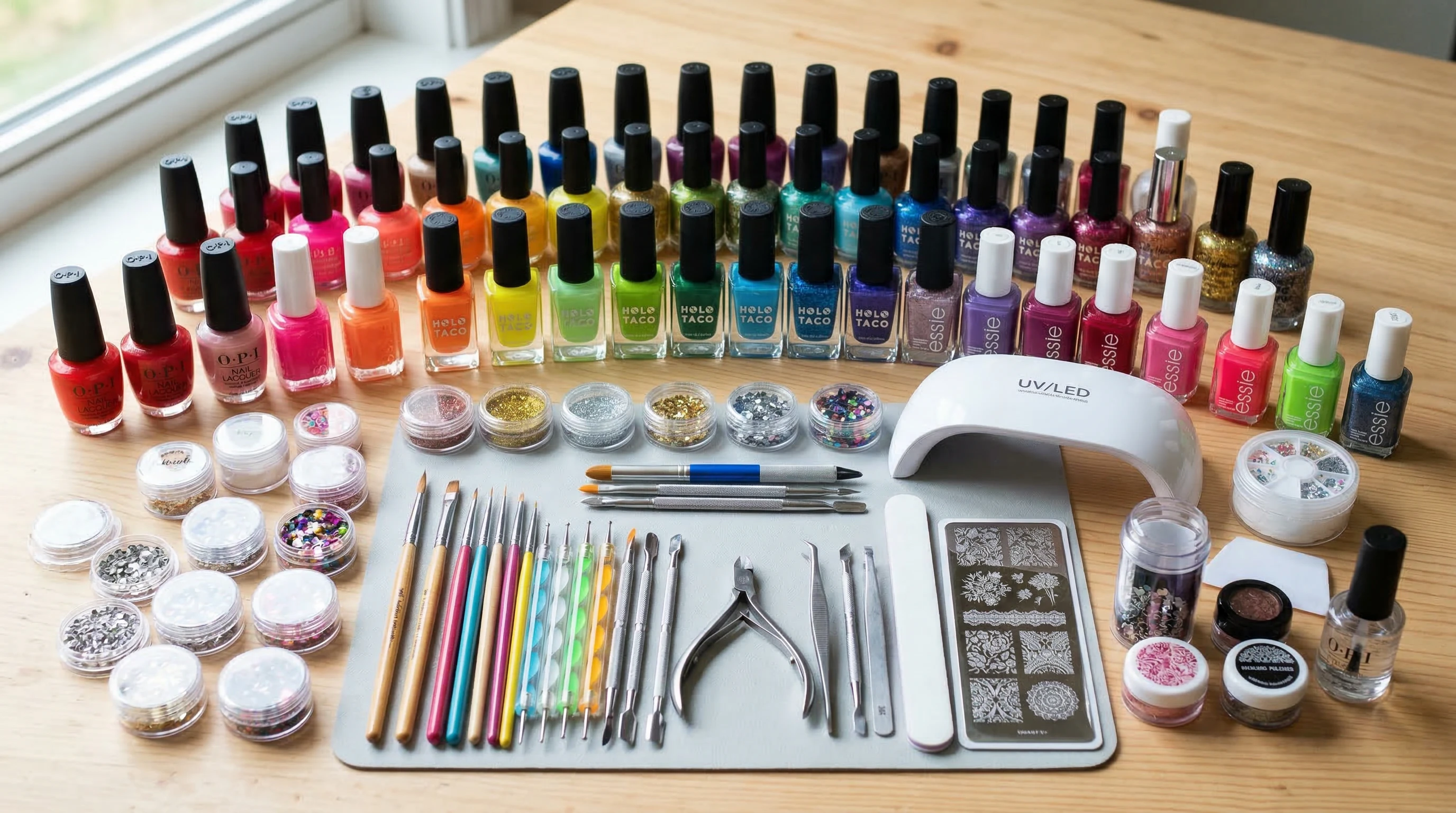 Selection of brightly colored nail polishes and nail art designs
