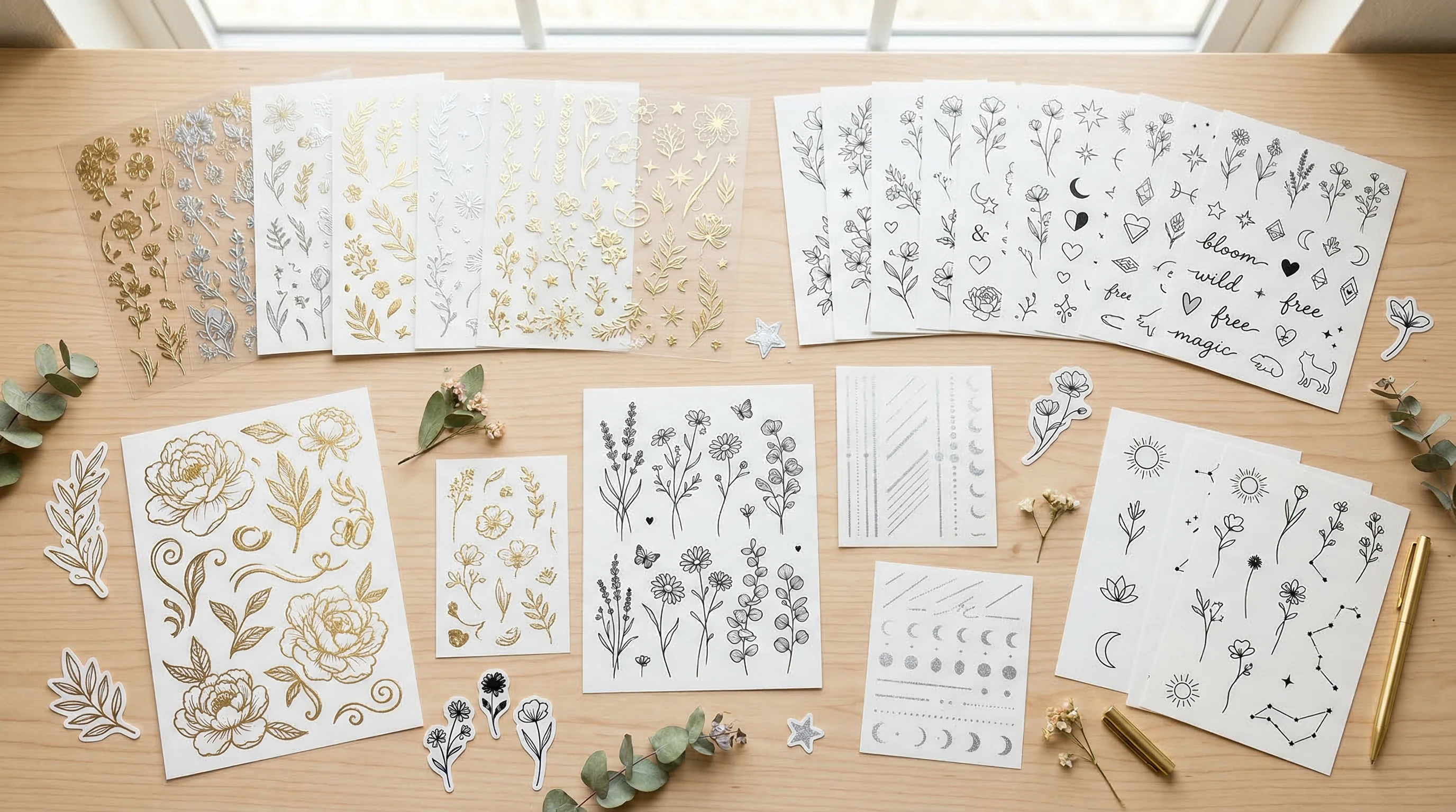 Assorted temporary tattoos and metallic decorative stickers