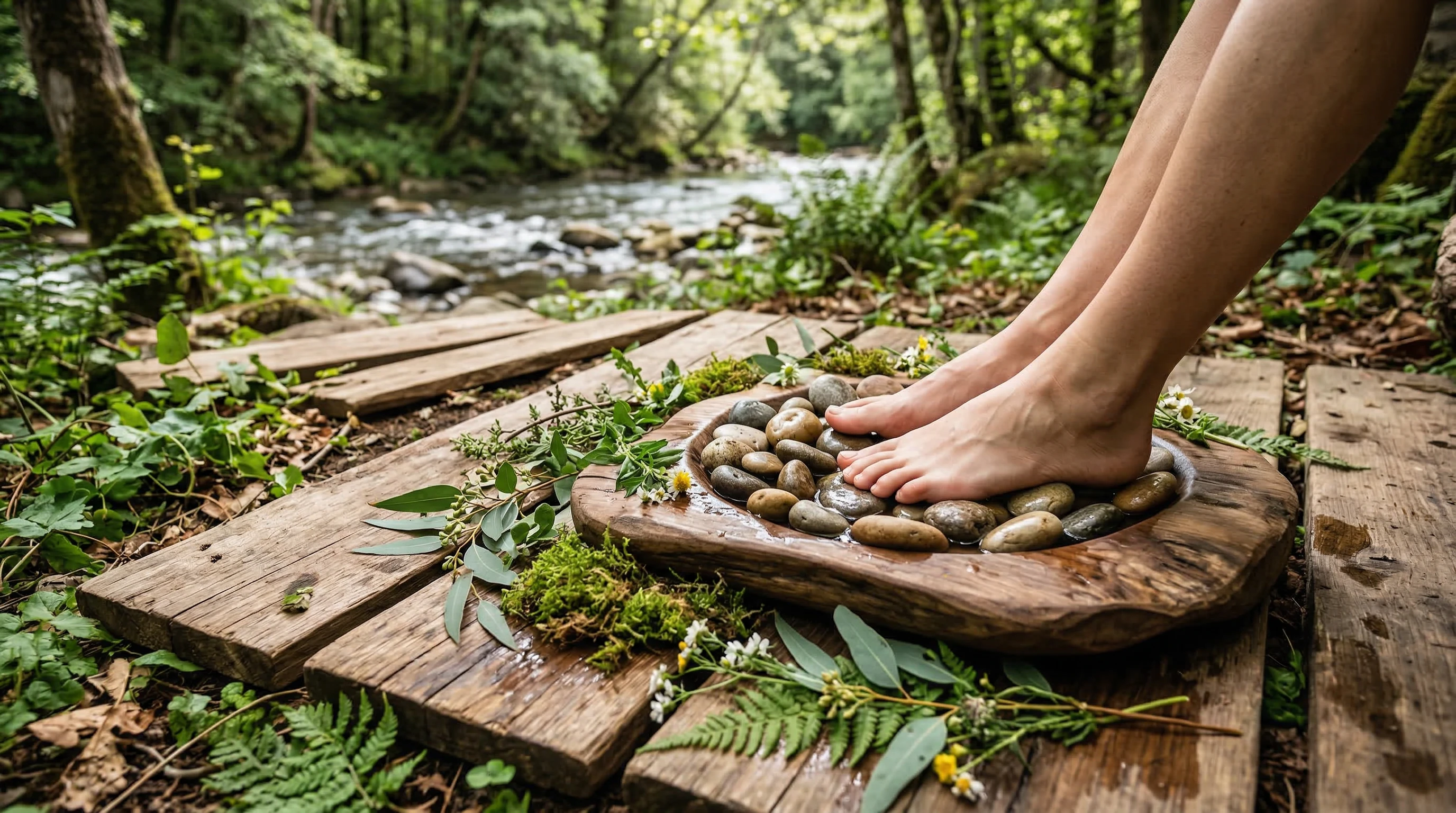 Eco-inspired foot content setup with wood, plants, and stones