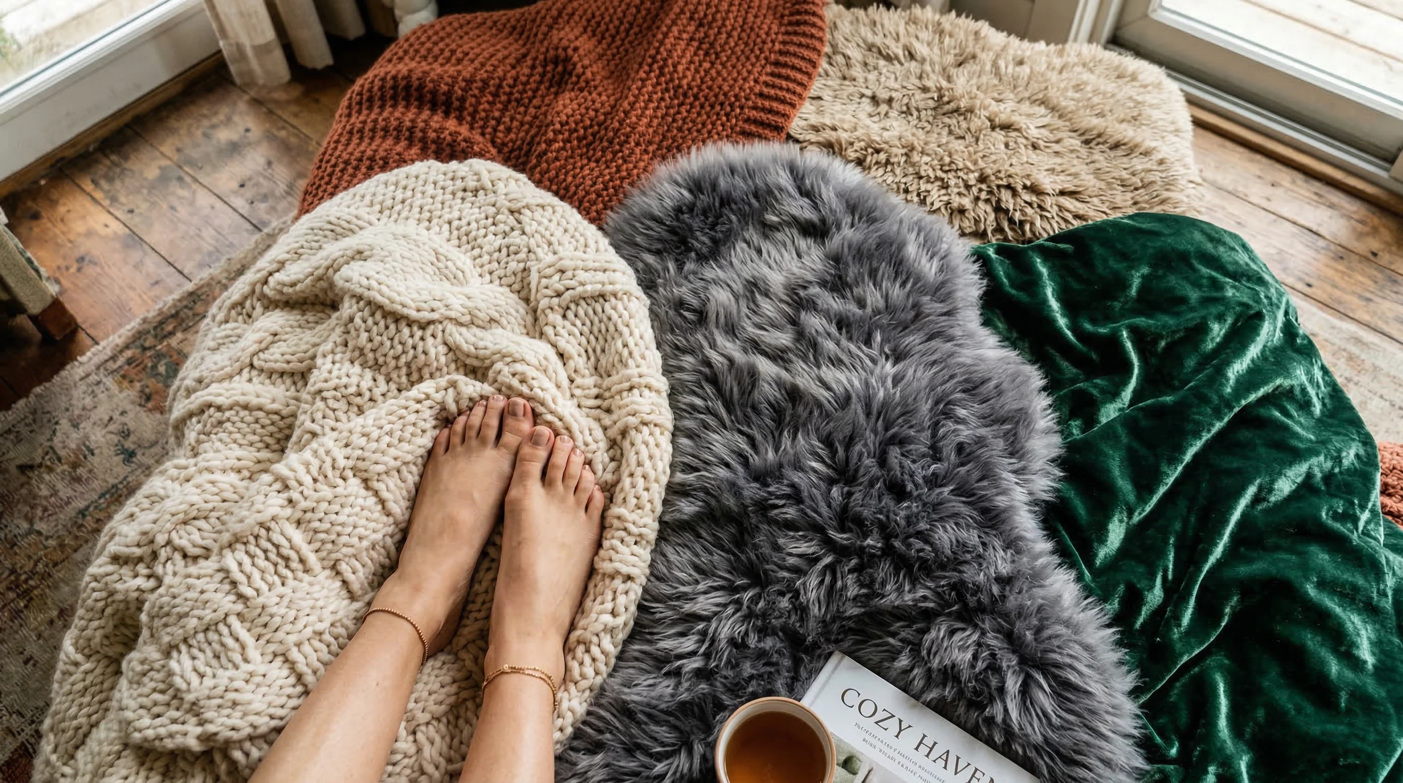 Foot content using textured wool rugs and knits as backdrop