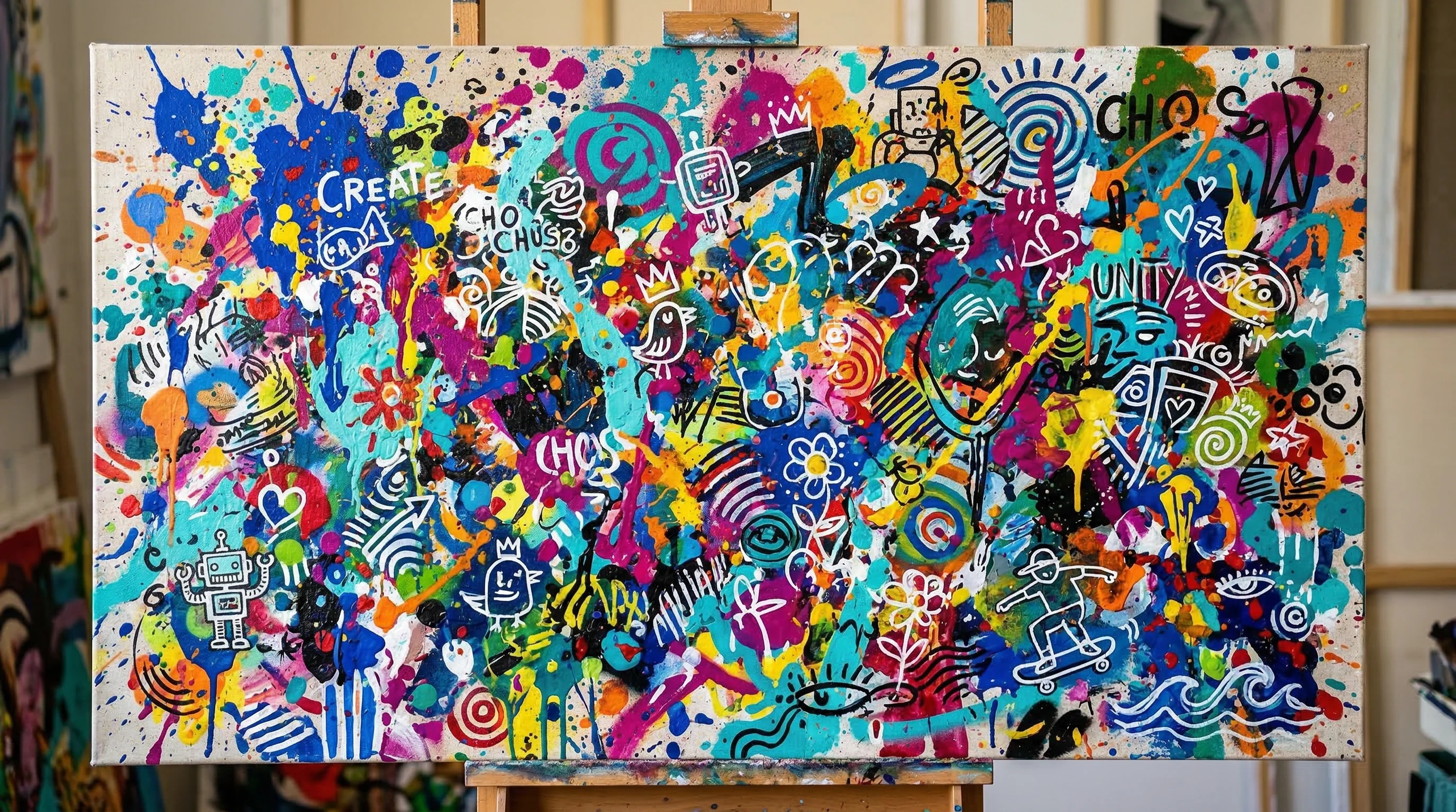 Paint-splatter and mural backdrop for bold foot content