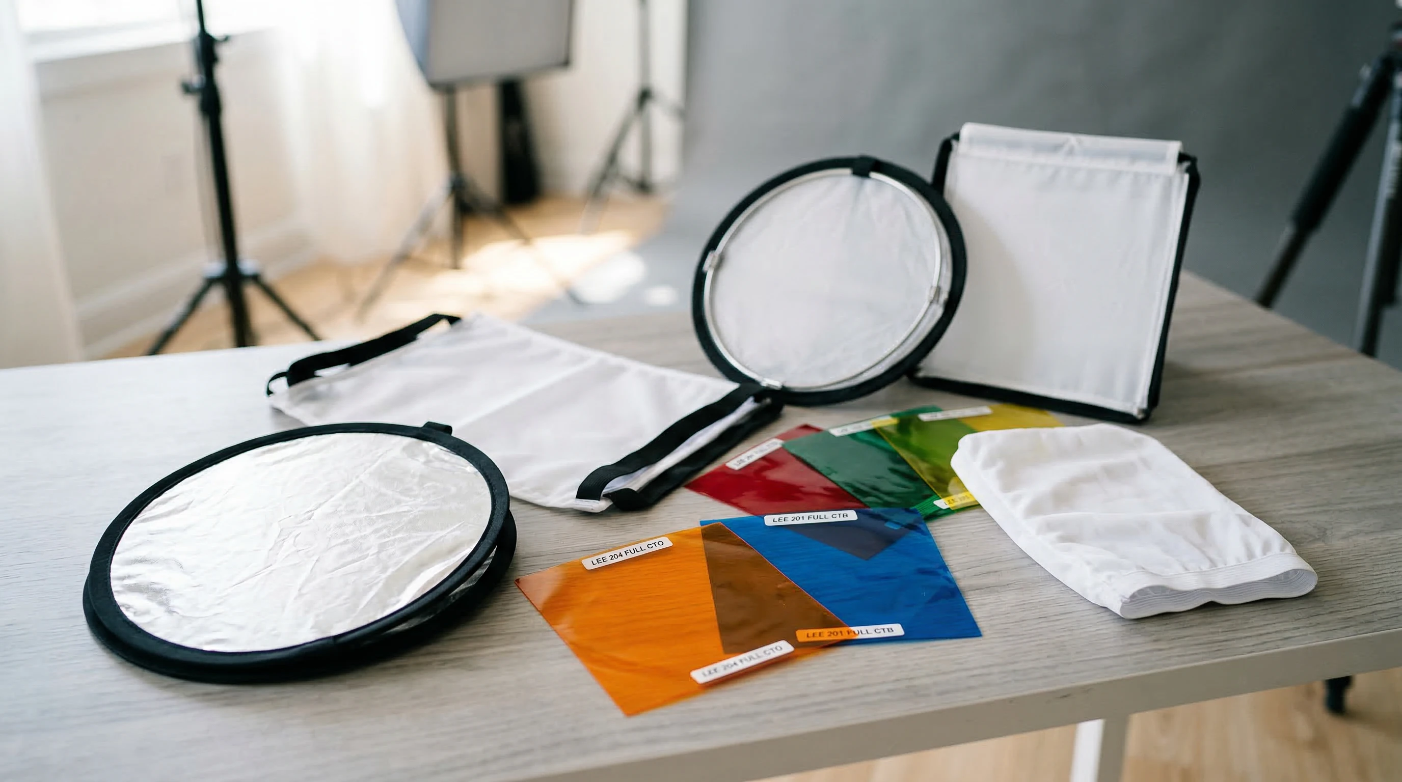 Lighting accessories like diffusers and reflectors on a desk