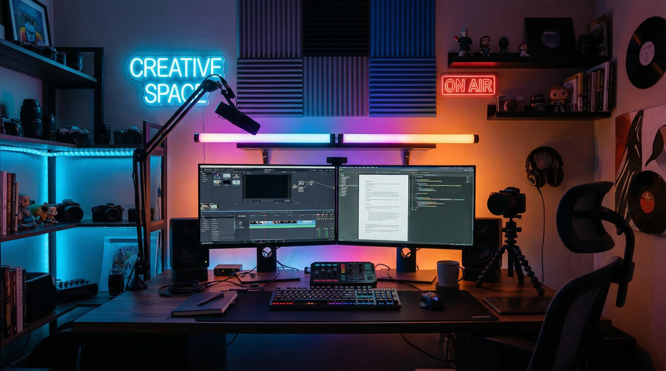 Portable LED panel lights arranged for filming session