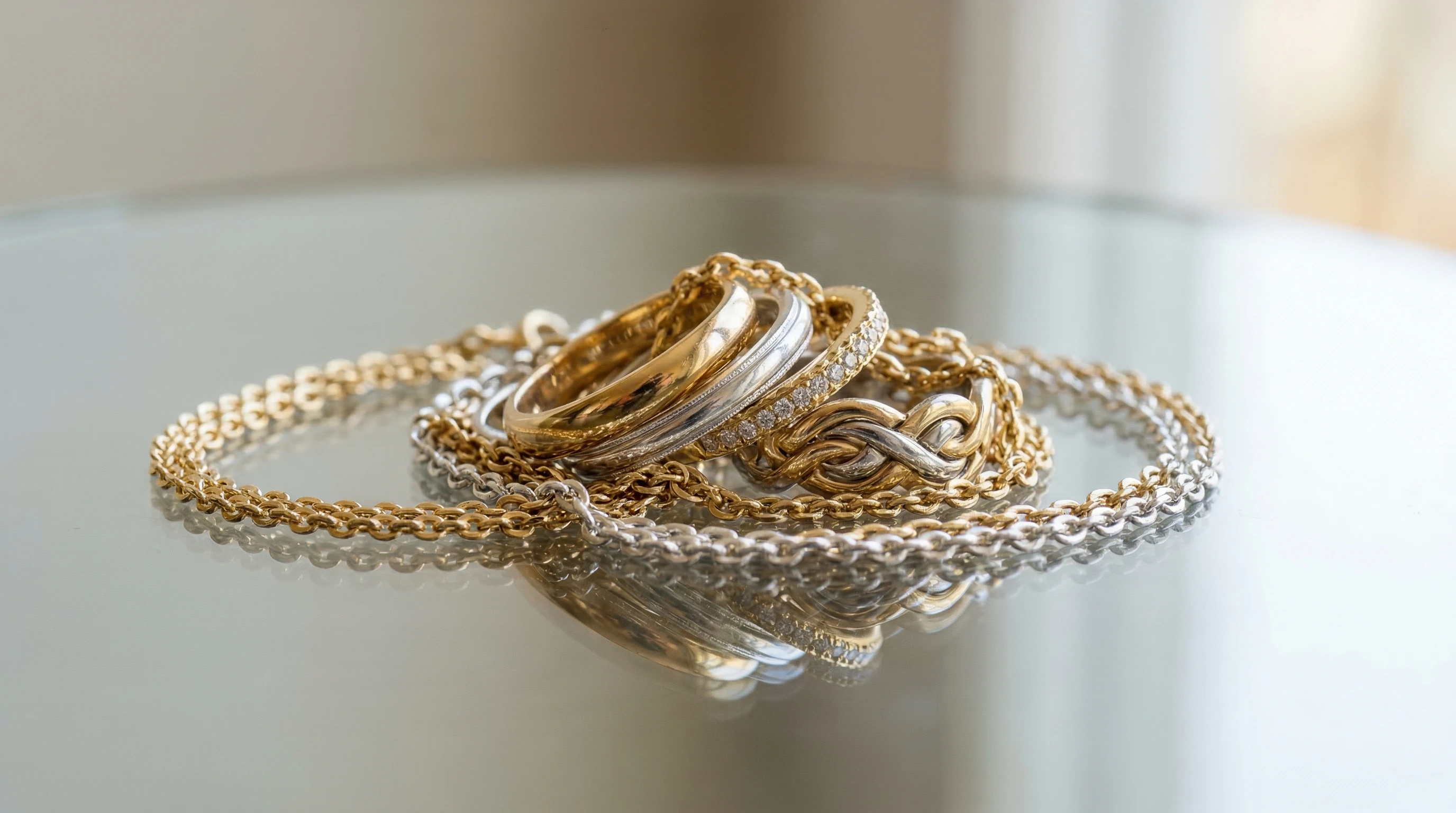 a close up of gold and silver rings, bracelets, and necklaces stacked and intertwined