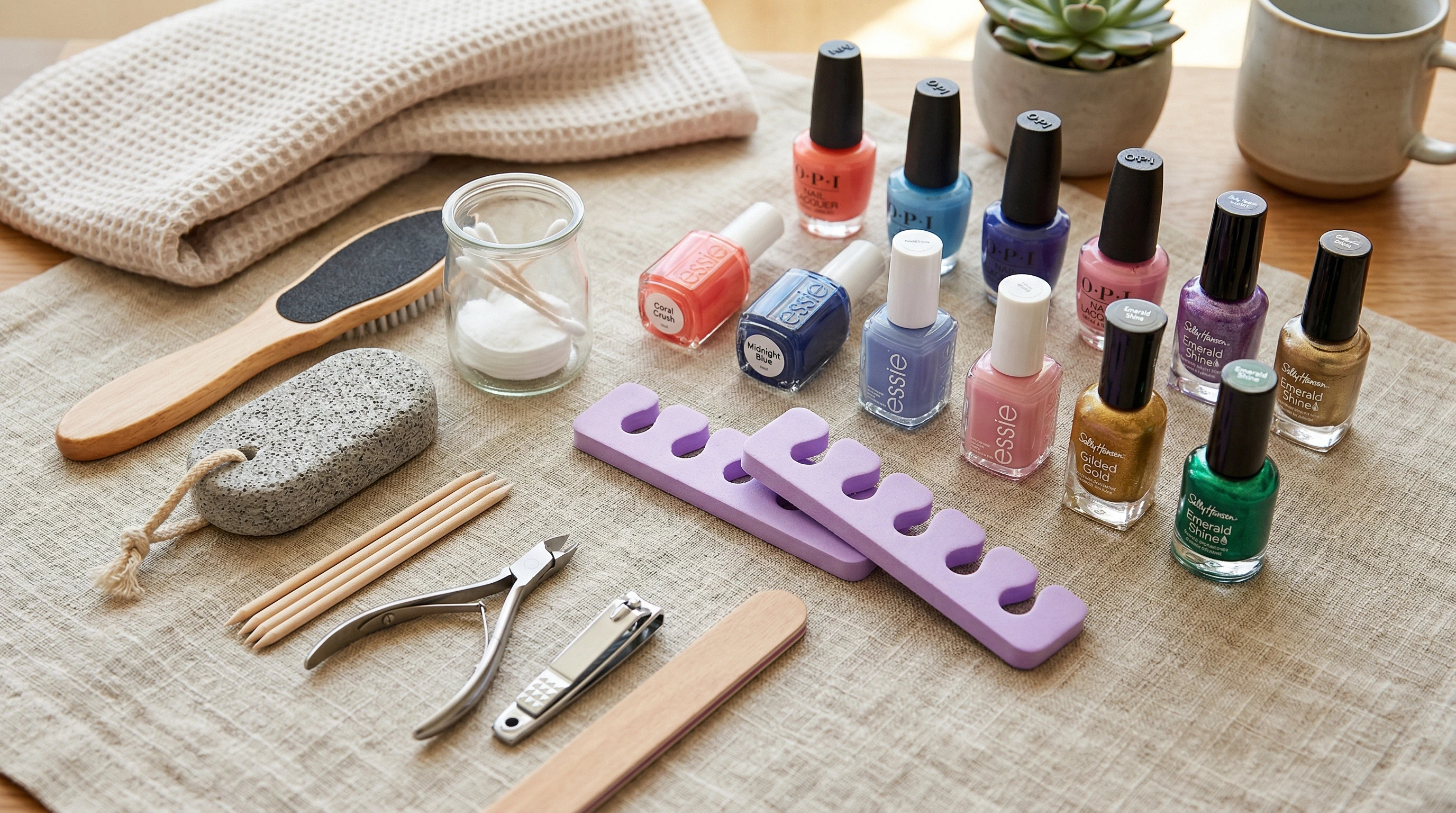 Assorted nail polishes and foot props for photo shoots