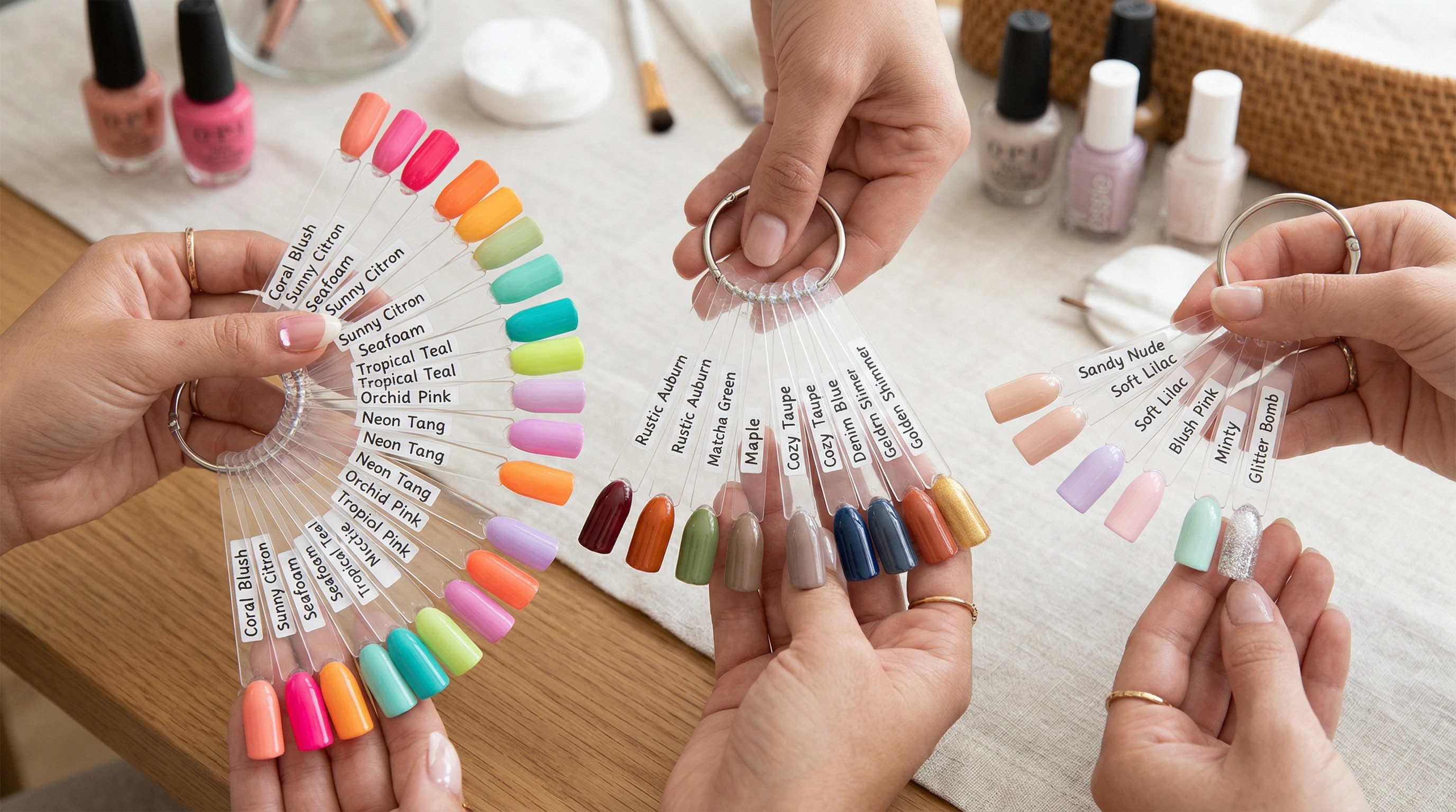 Swatches of trending nail polish colors for feet