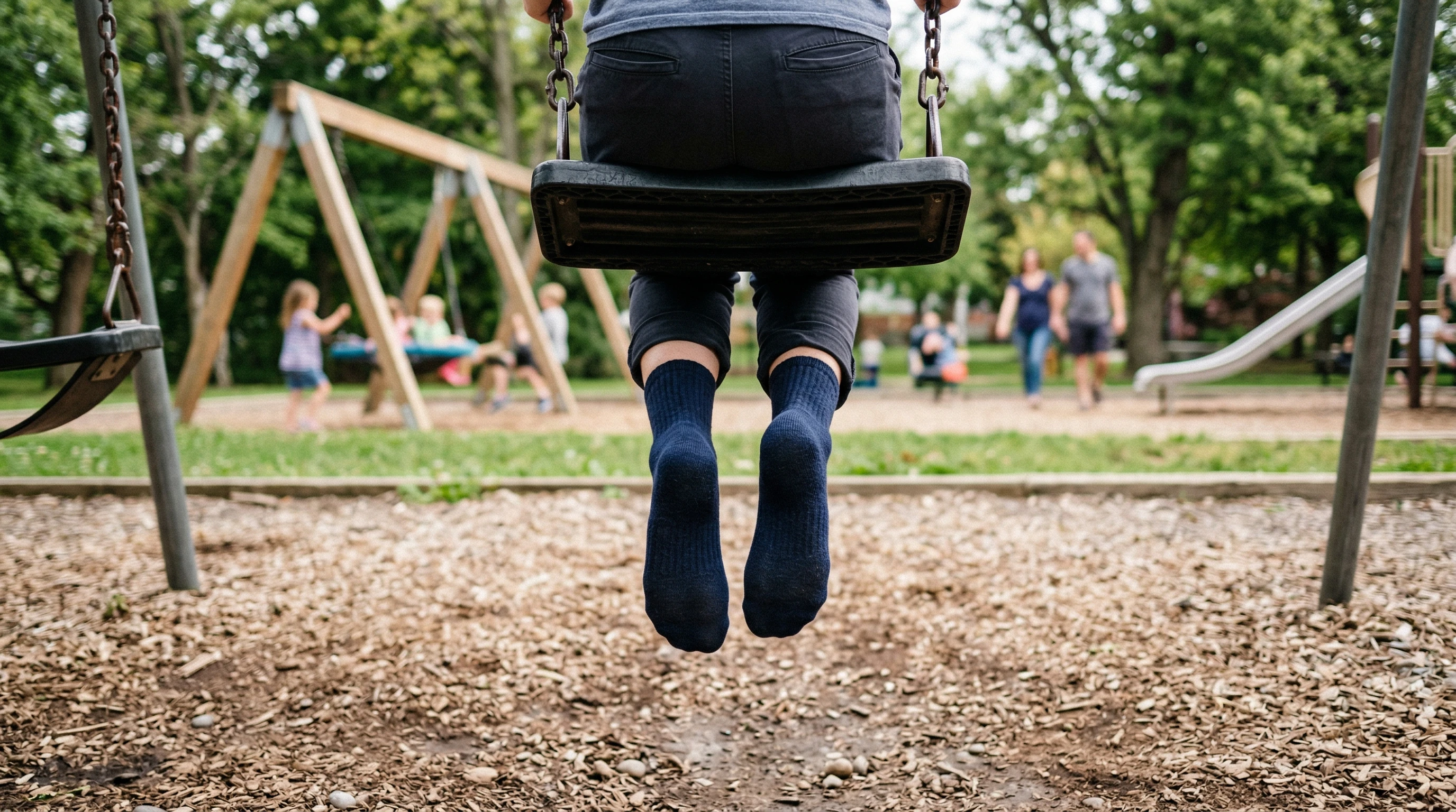 Stocking feet on a swing at the playground