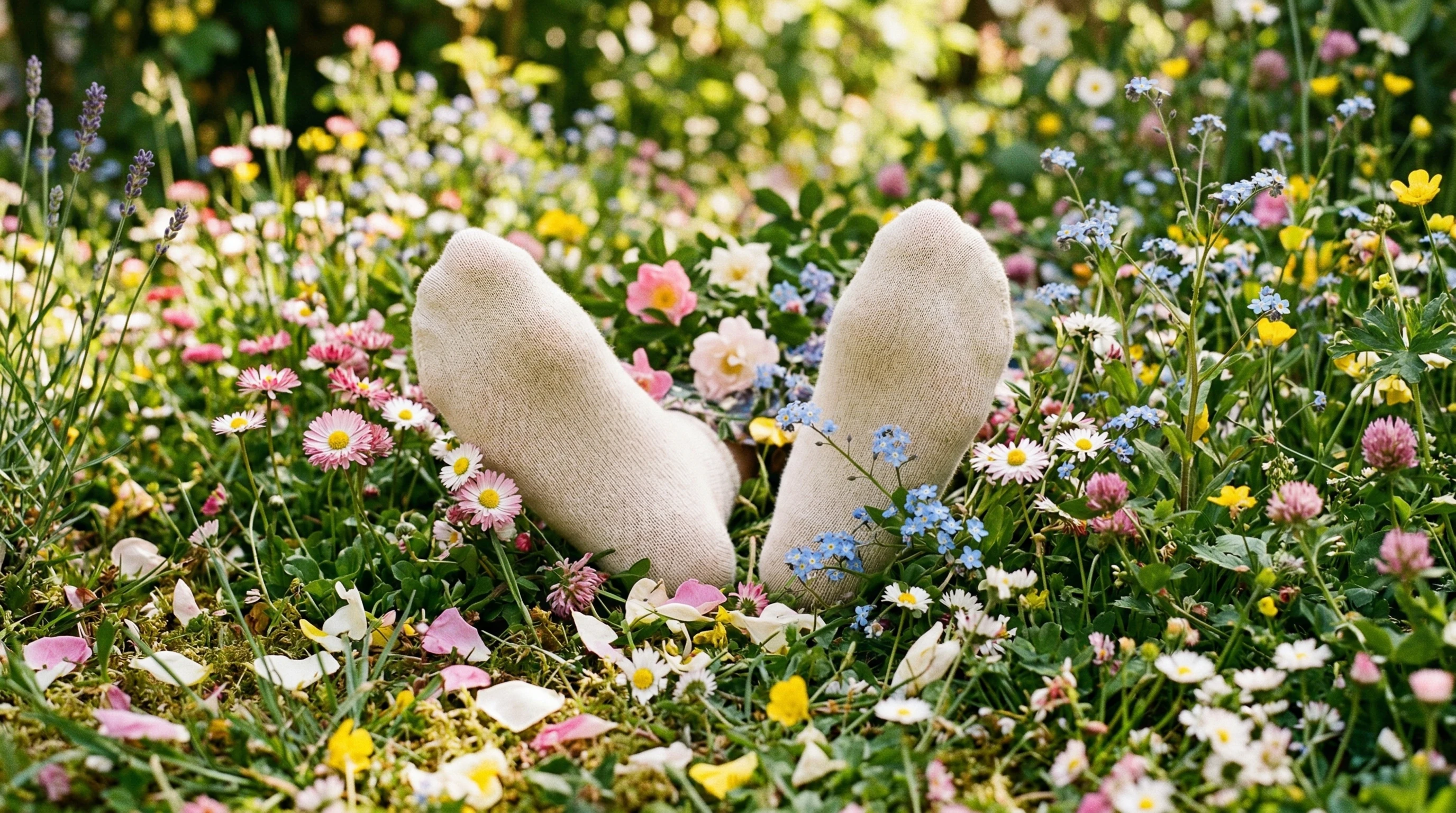 Stocking feet among spring flowers and petals