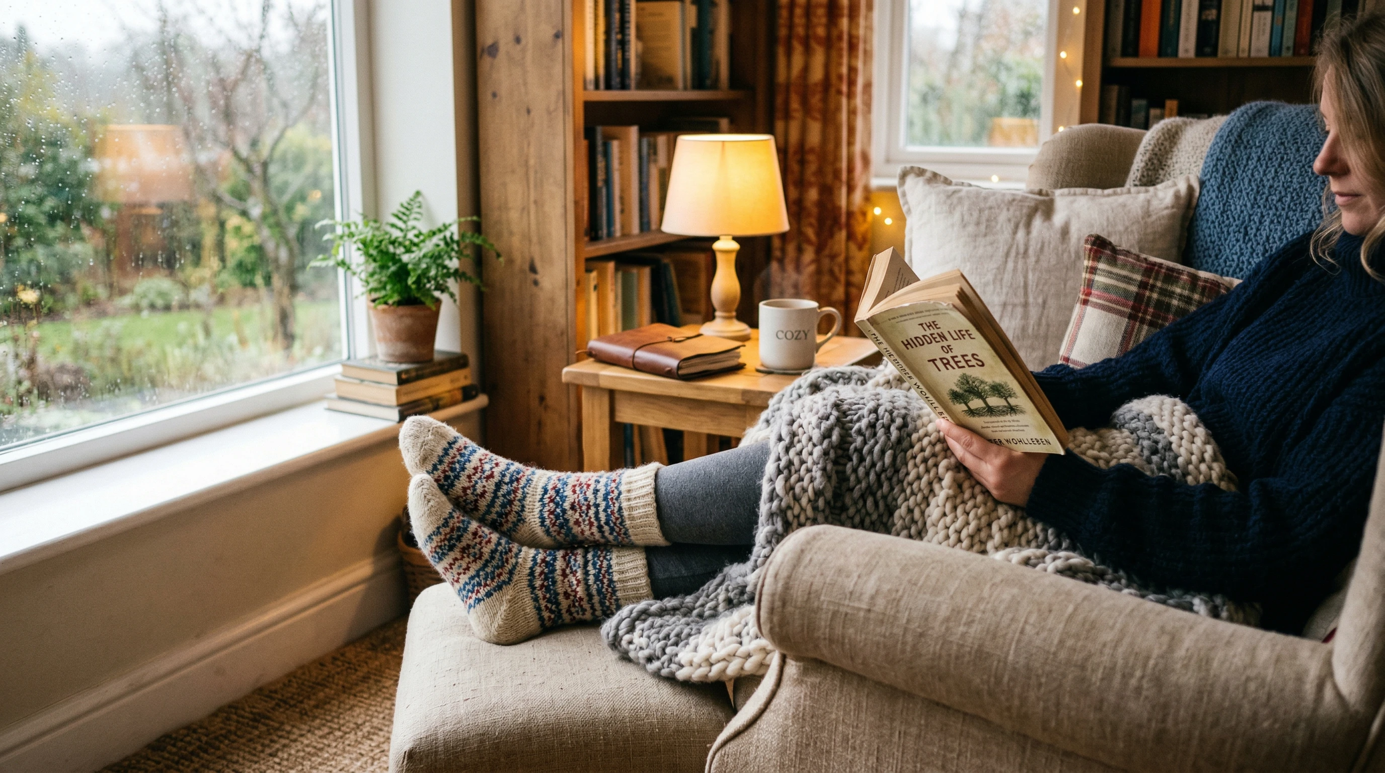 Cozy reading nook with stocking feet, book, and soft pillow