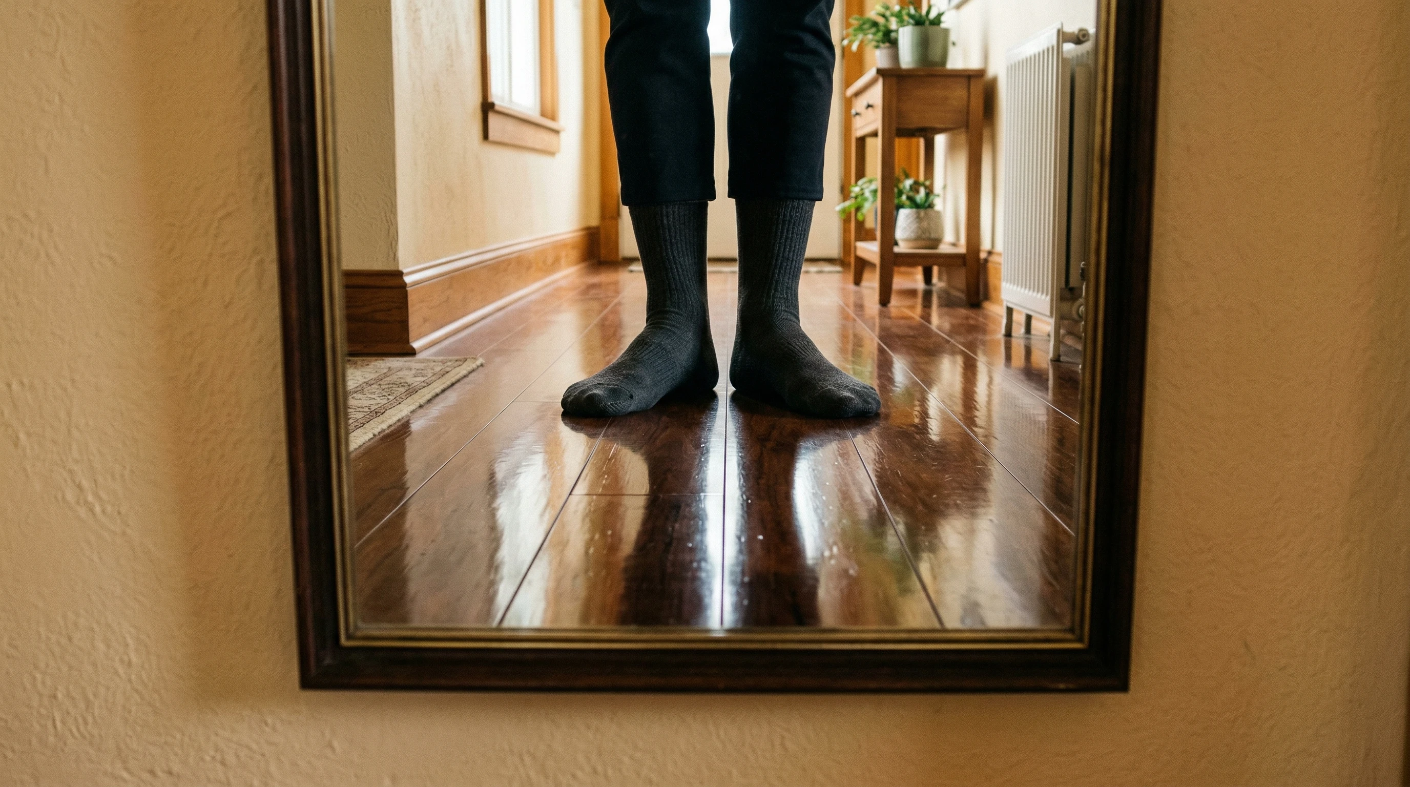 Mirror shot of stocking feet on reflective floor
