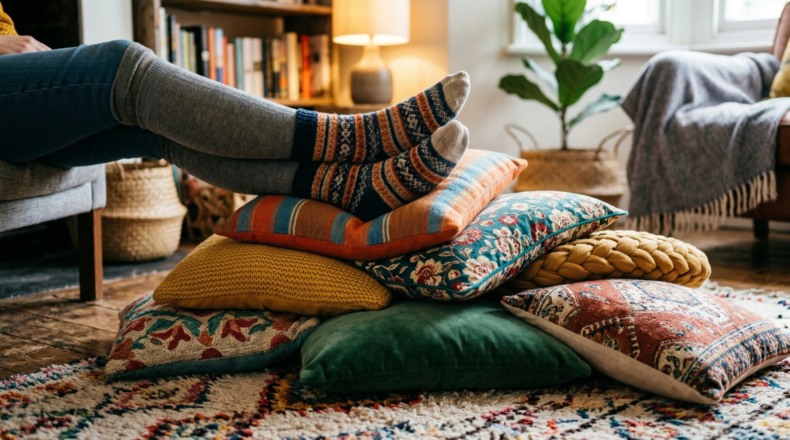 Pile of colorful pillows with stocking feet on top