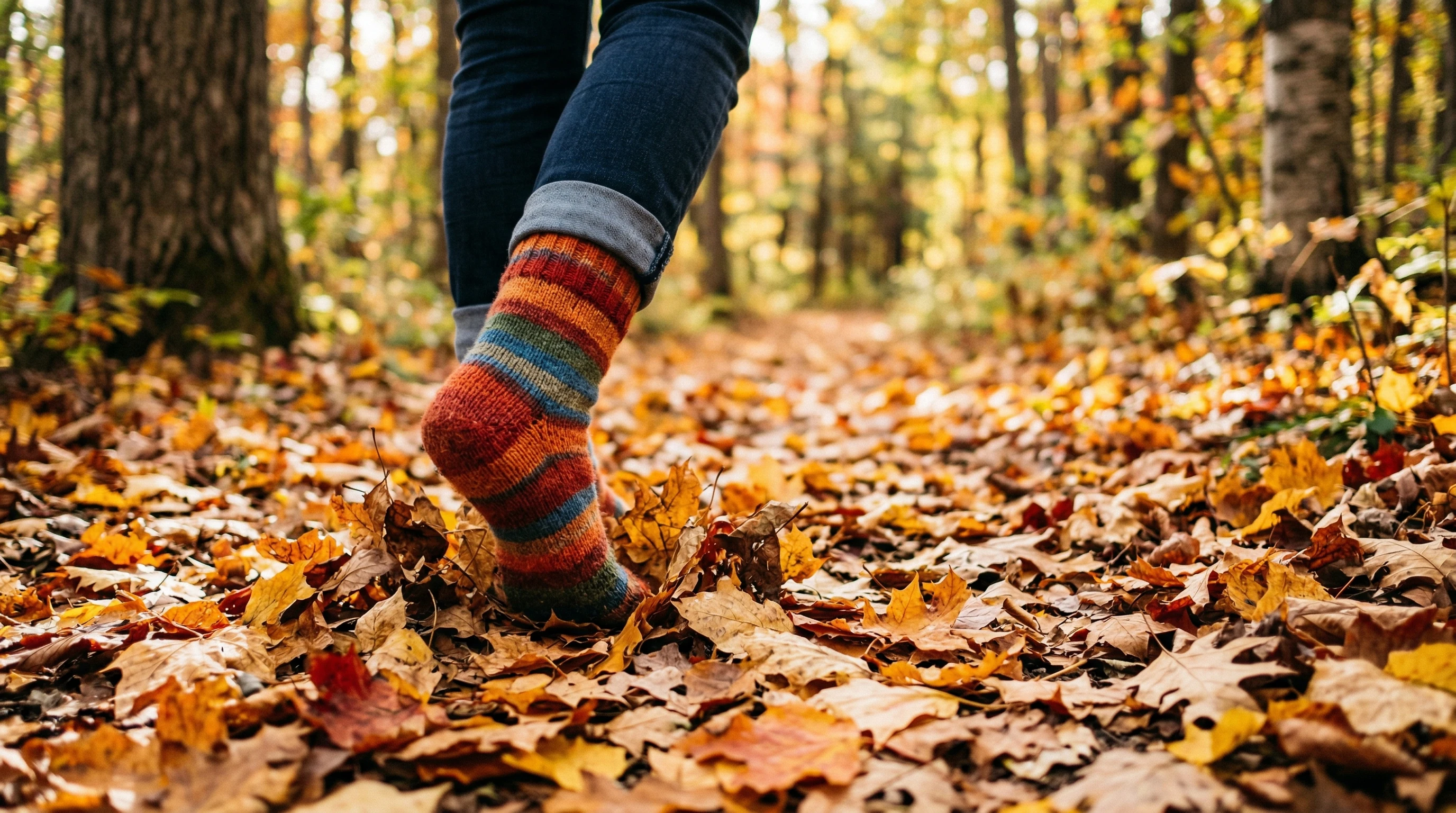 Stocking feet stepping on colorful autumn leaves