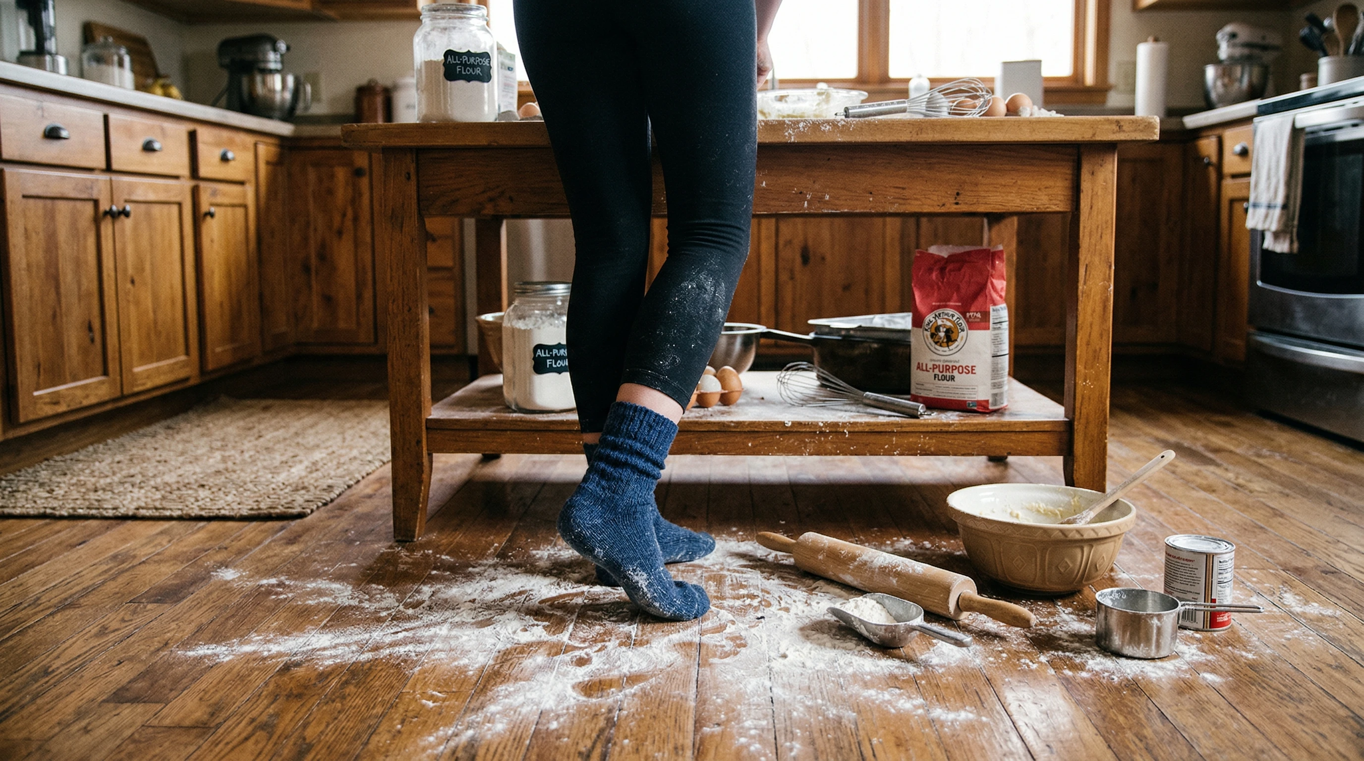 Stocking feet in kitchen with baking supplies and flour dust