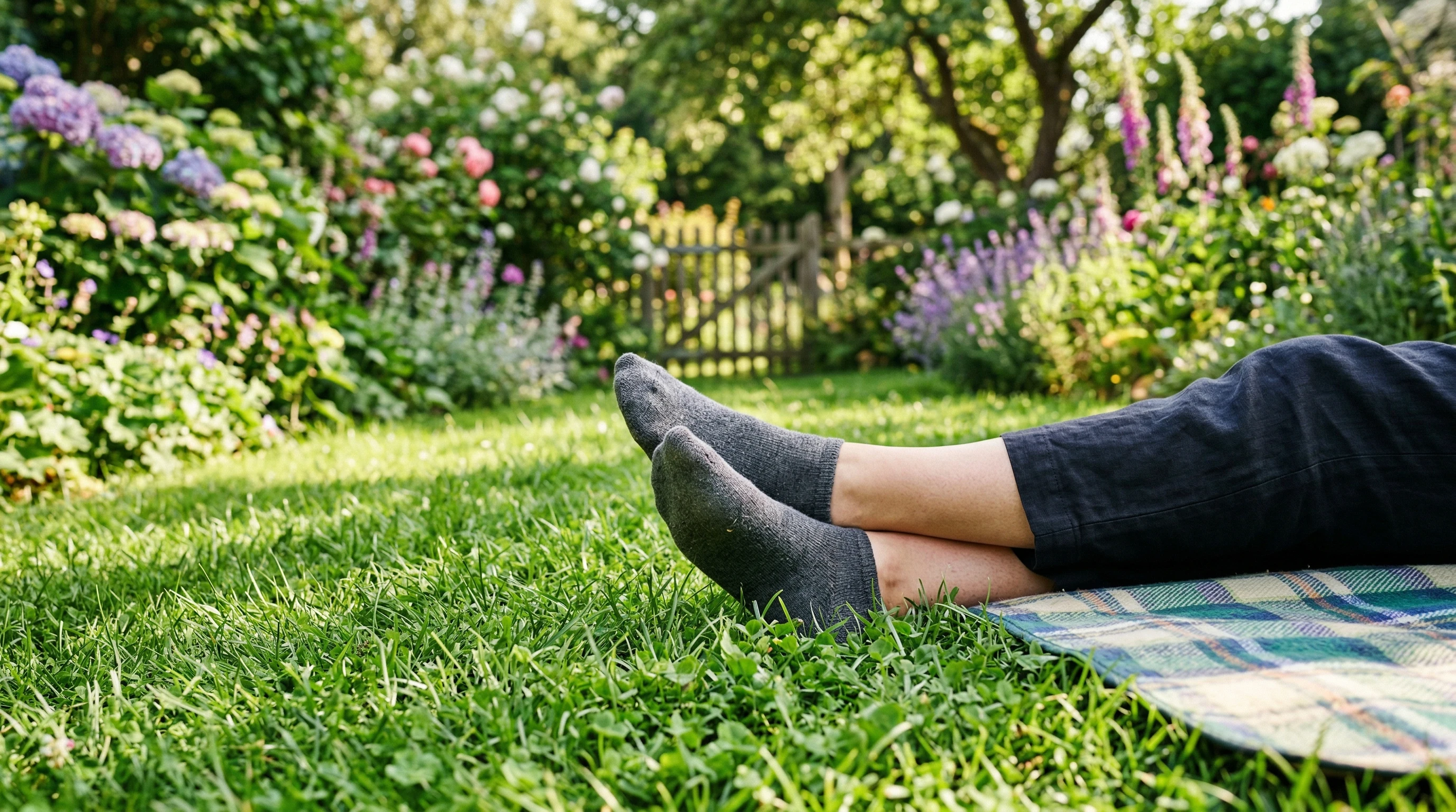 Stocking feet resting on green grass in the garden