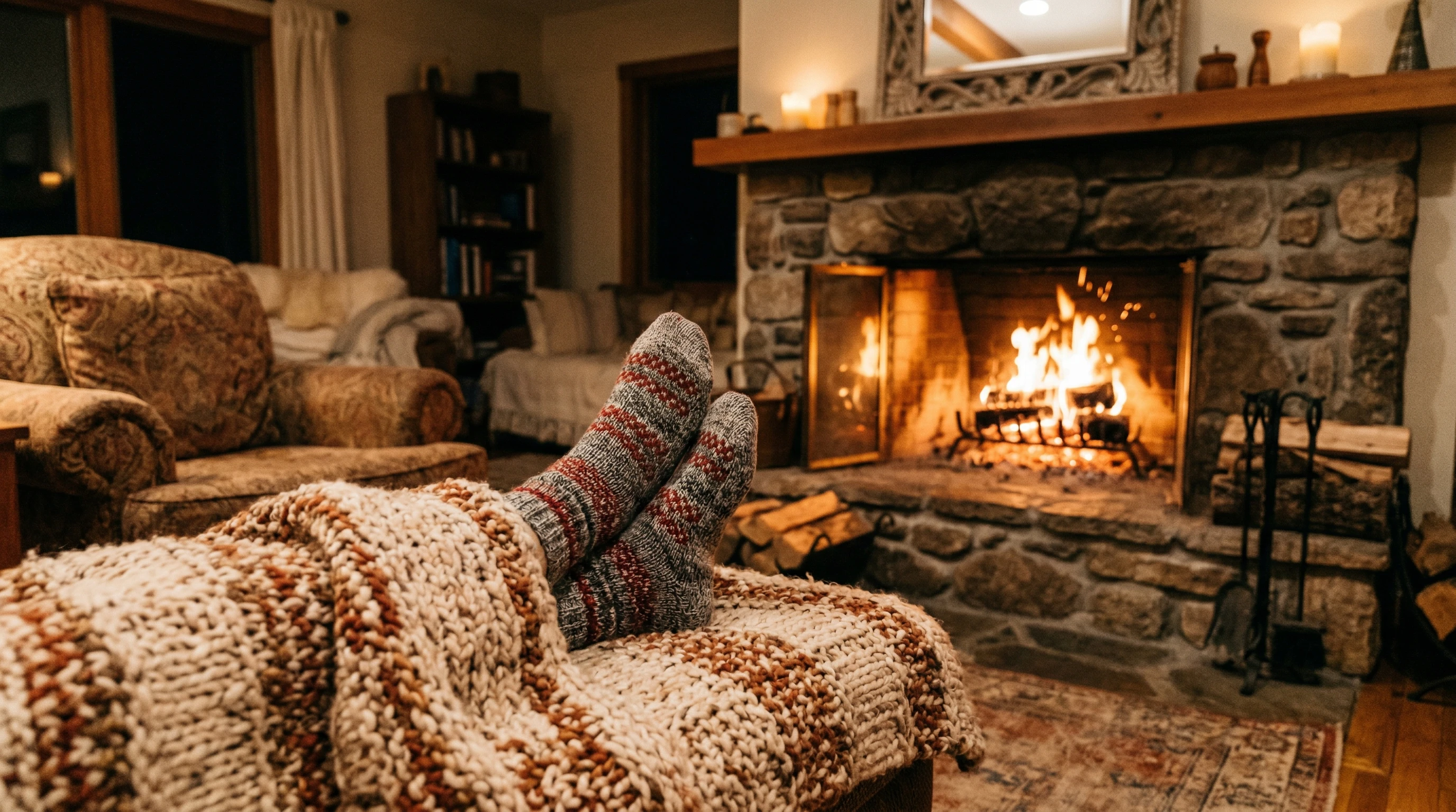 Stocking covered feet in front of fireplace with cozy blanket