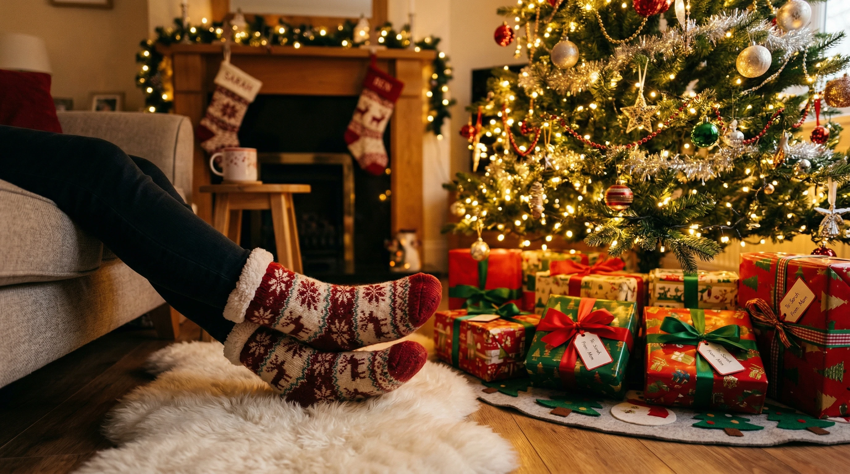Stocking feet near Christmas tree and presents