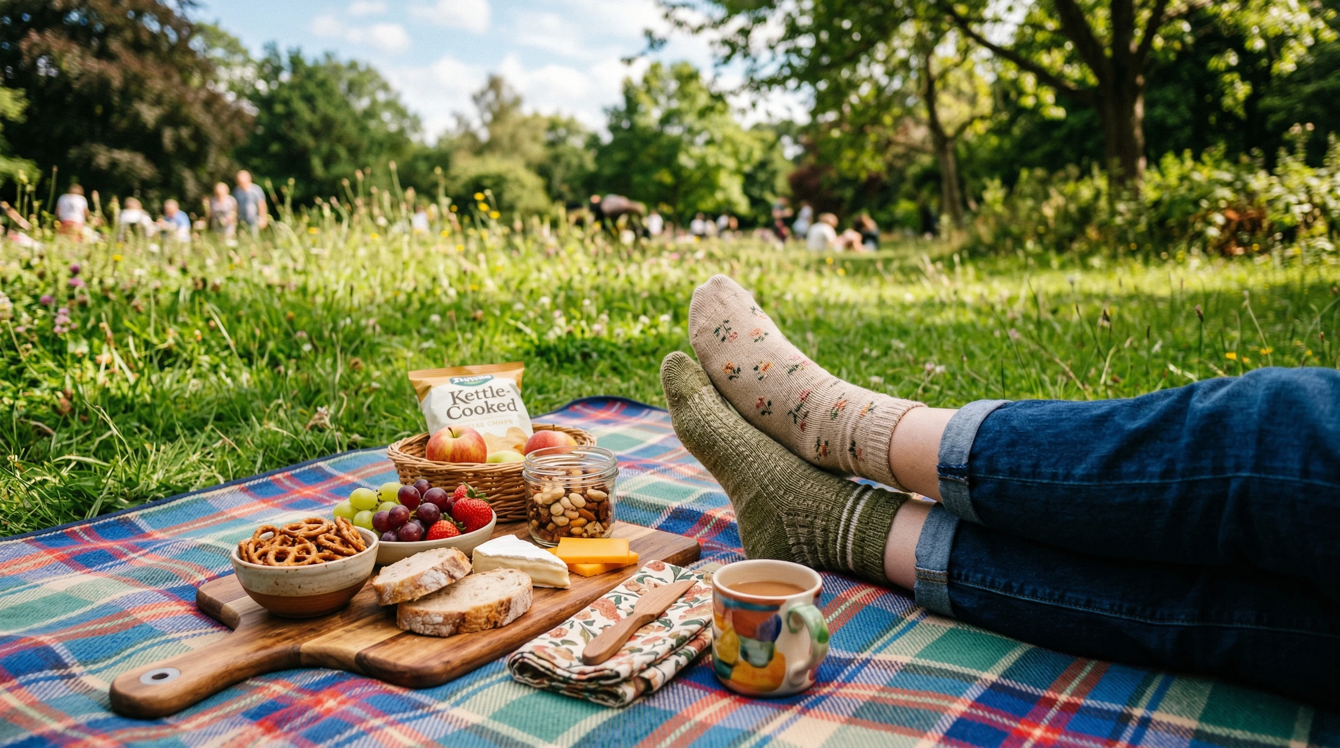 Stocking feet crossed on a picnic blanket with snacks
