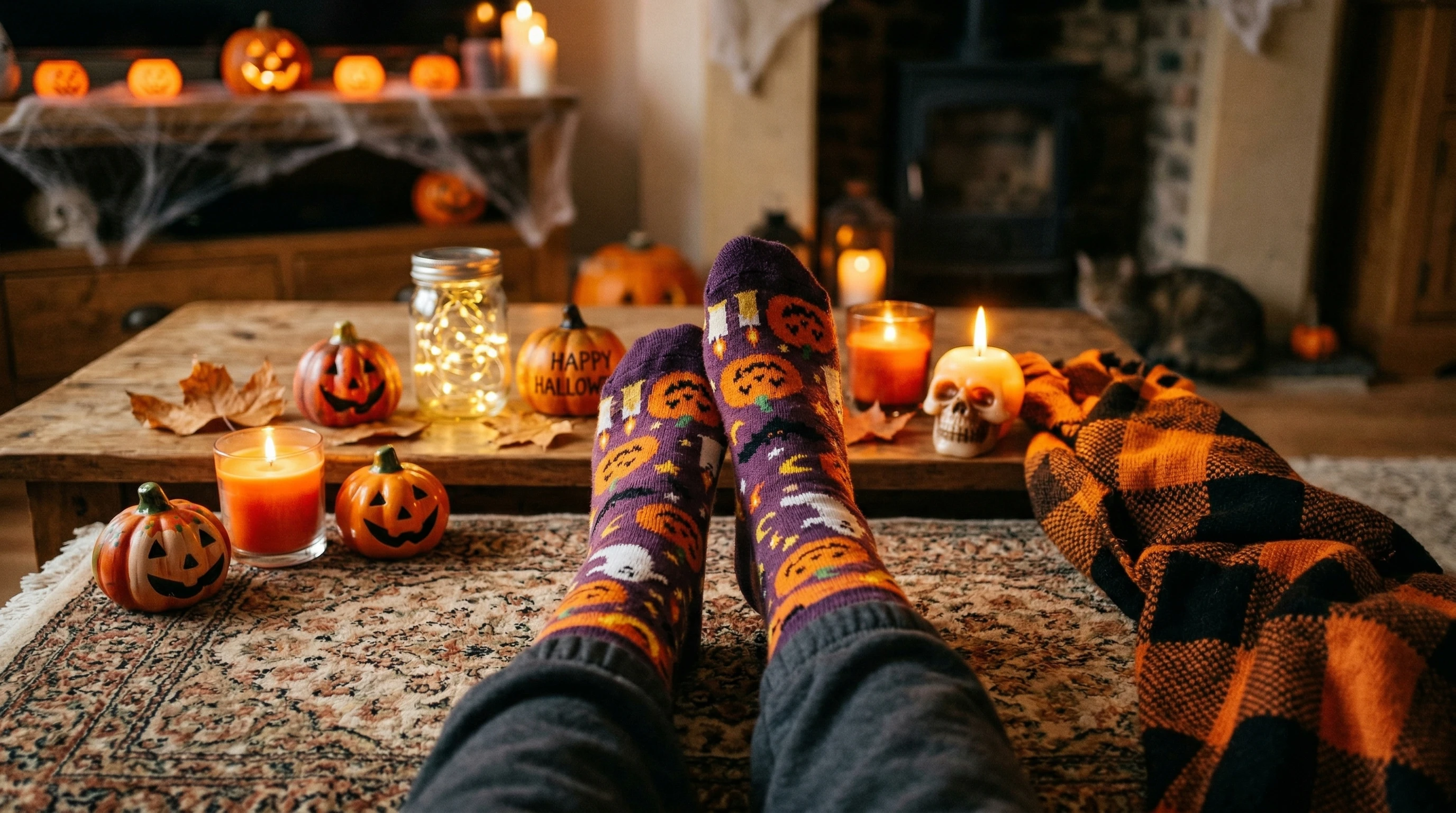 Halloween-themed stocking feet with pumpkins and candles
