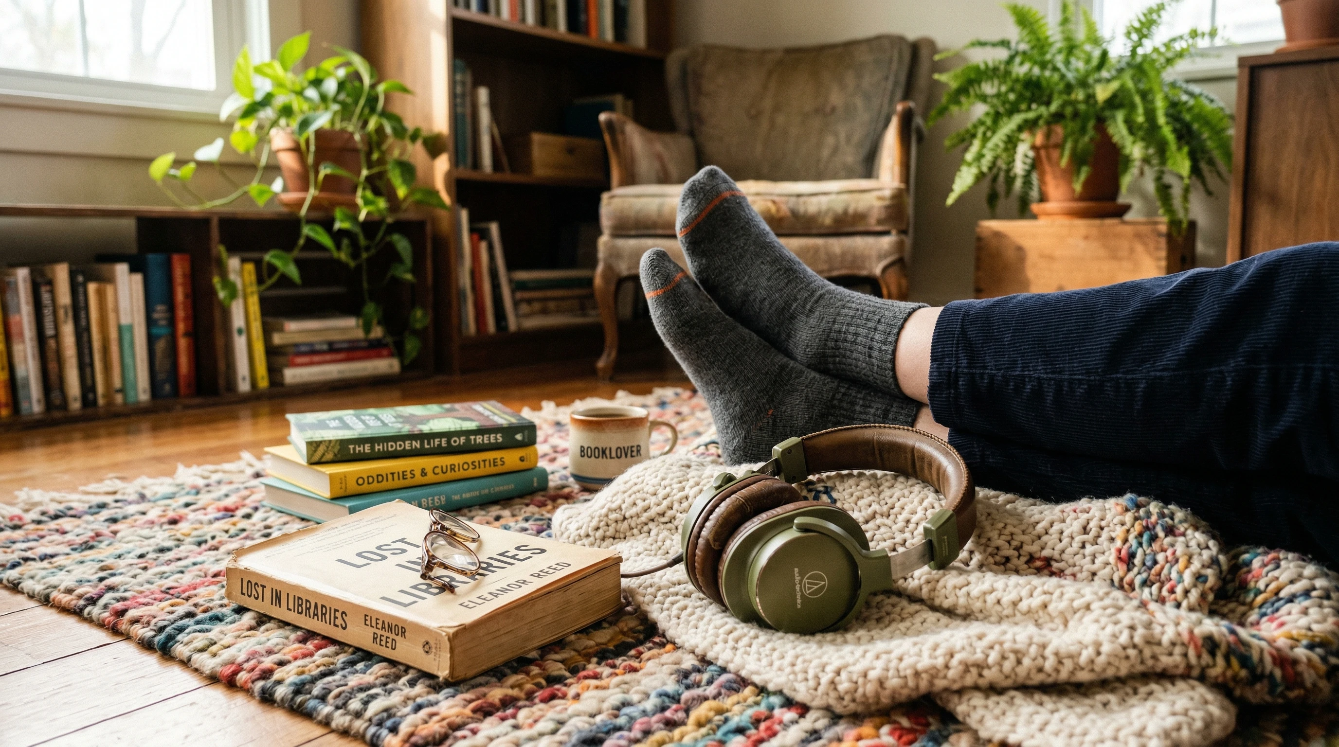 Stocking feet with quirky props like headphones and books
