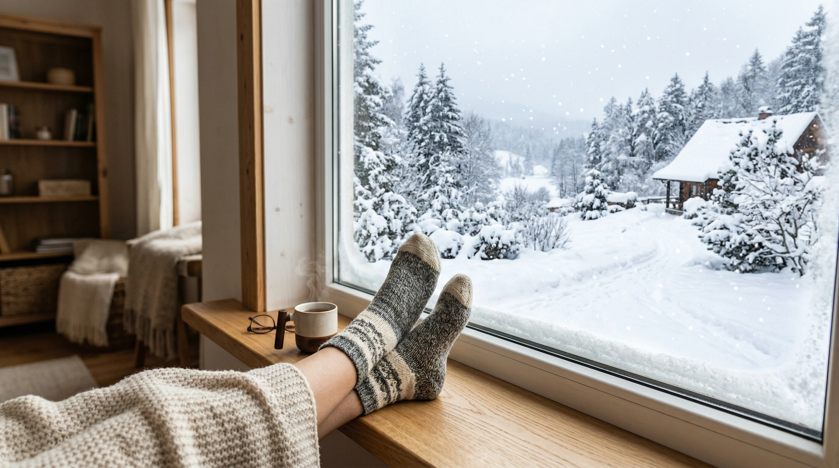 Stocking feet by window with snowy backdrop