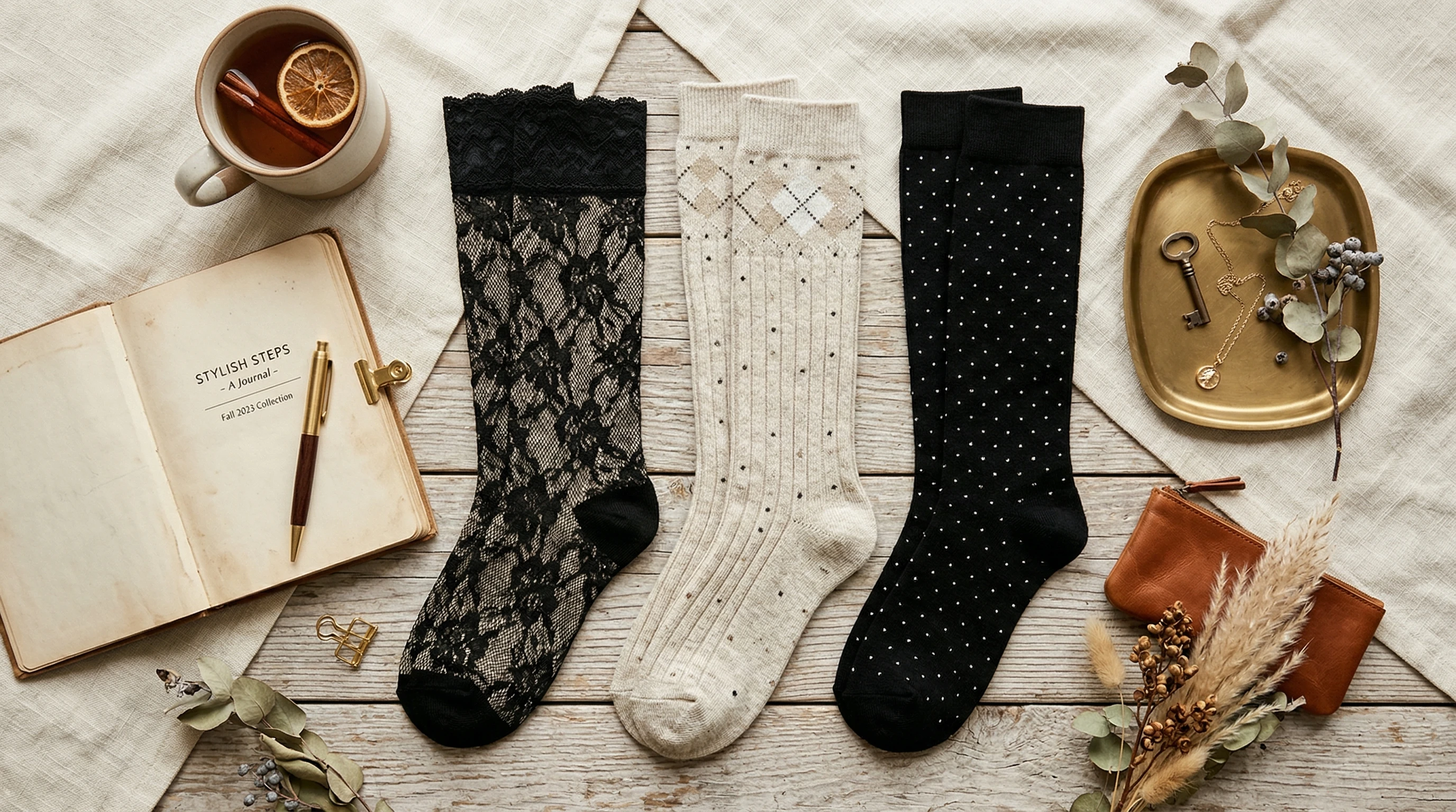 Patterned stockings with stylish flatlay backdrop