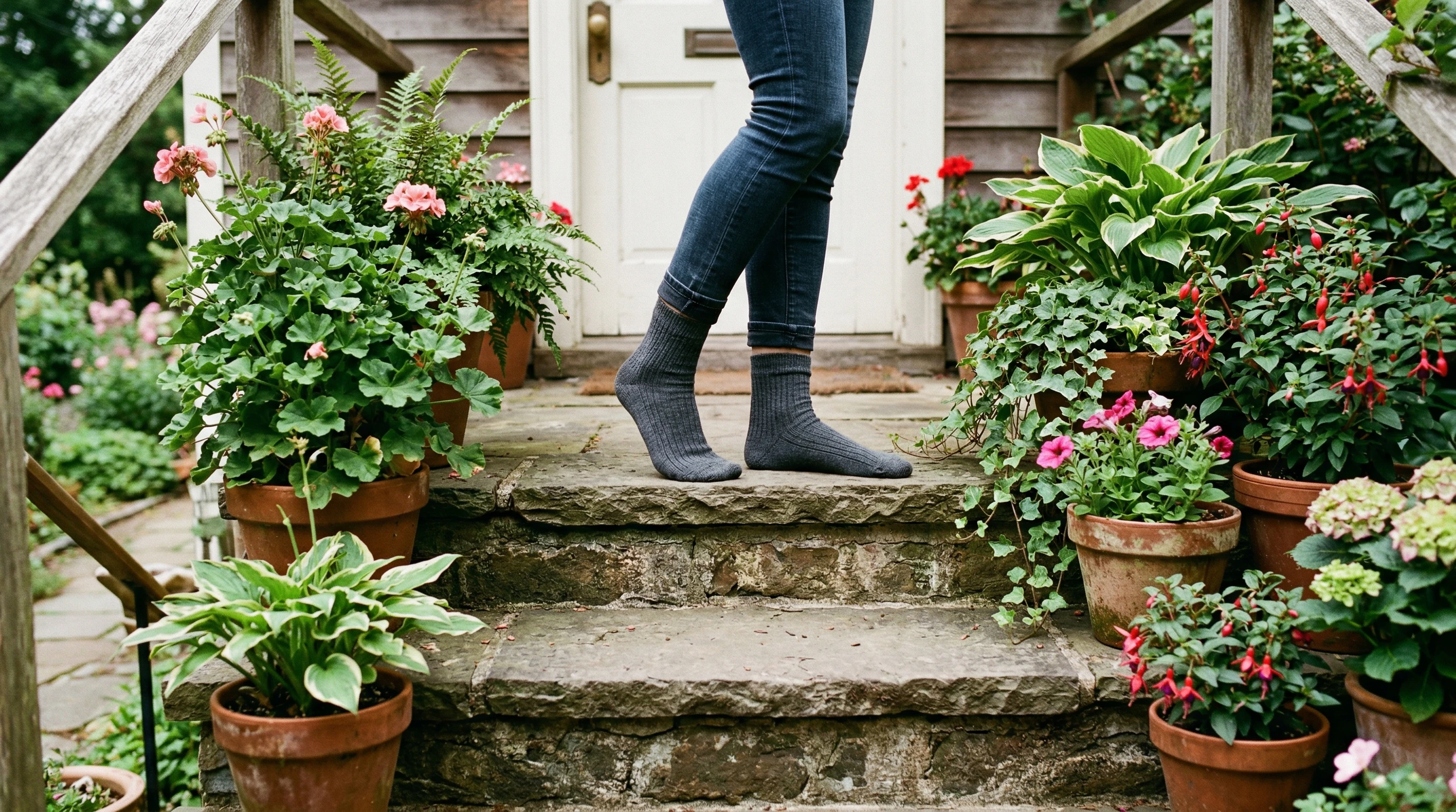 Stocking feet standing on outdoor steps near potted plants