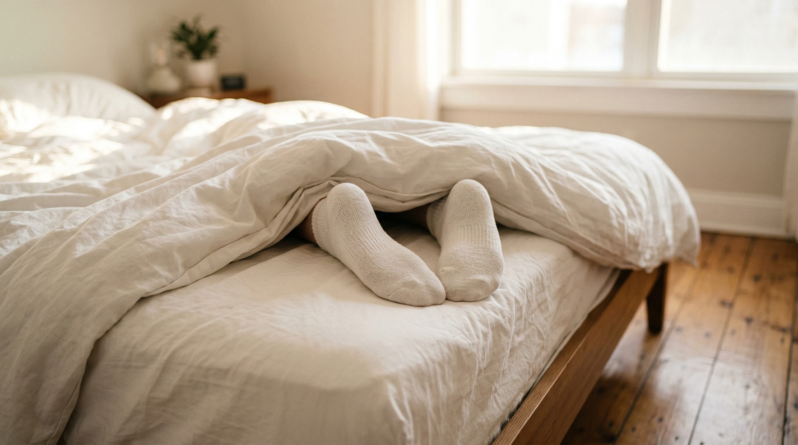 Stocking feet peeking from under white bed sheets with sunlight