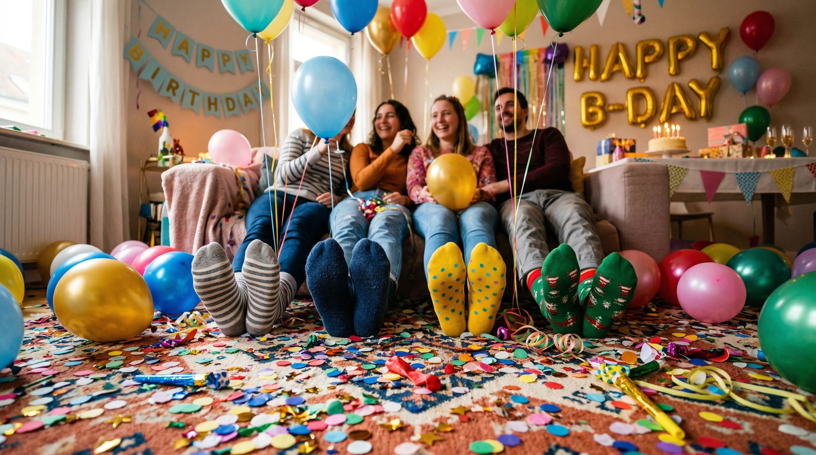 Birthday party setup with stocking feet, balloons, and confetti