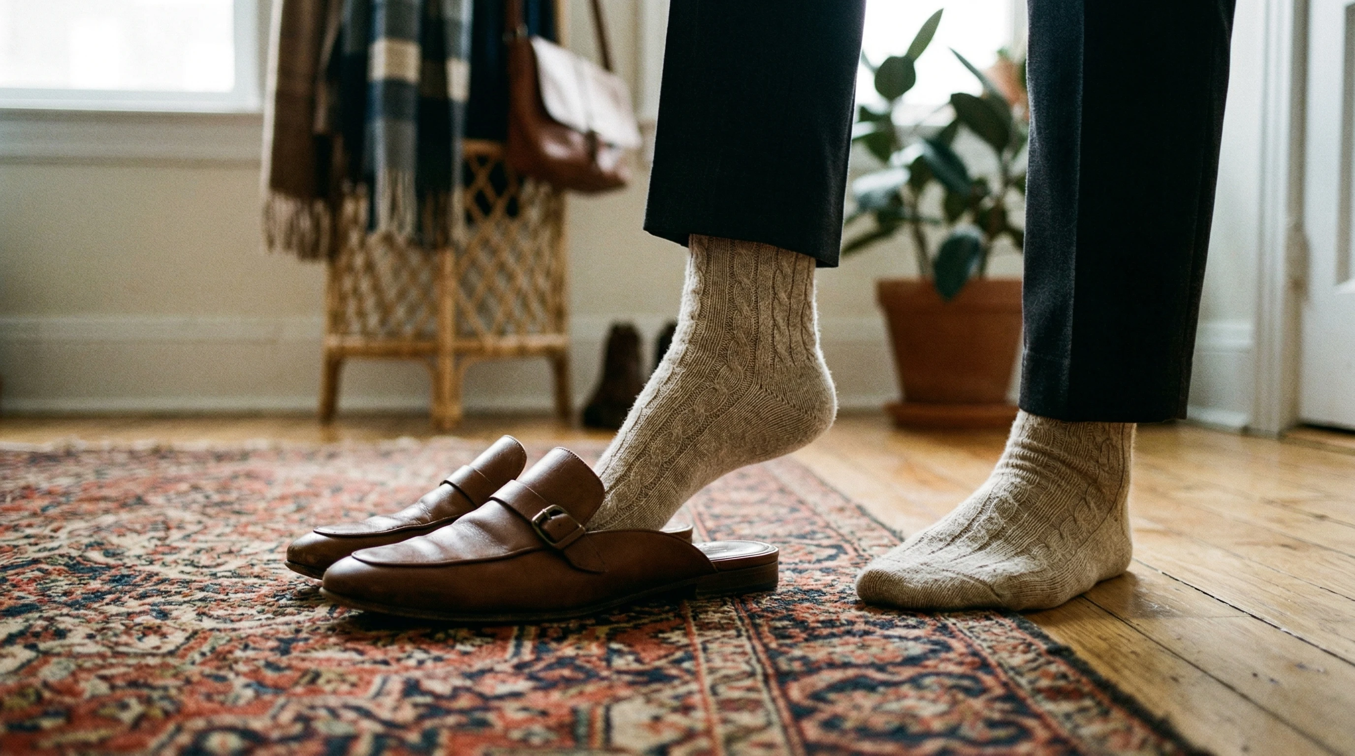 Stocking feet stepping out of fashionable shoes