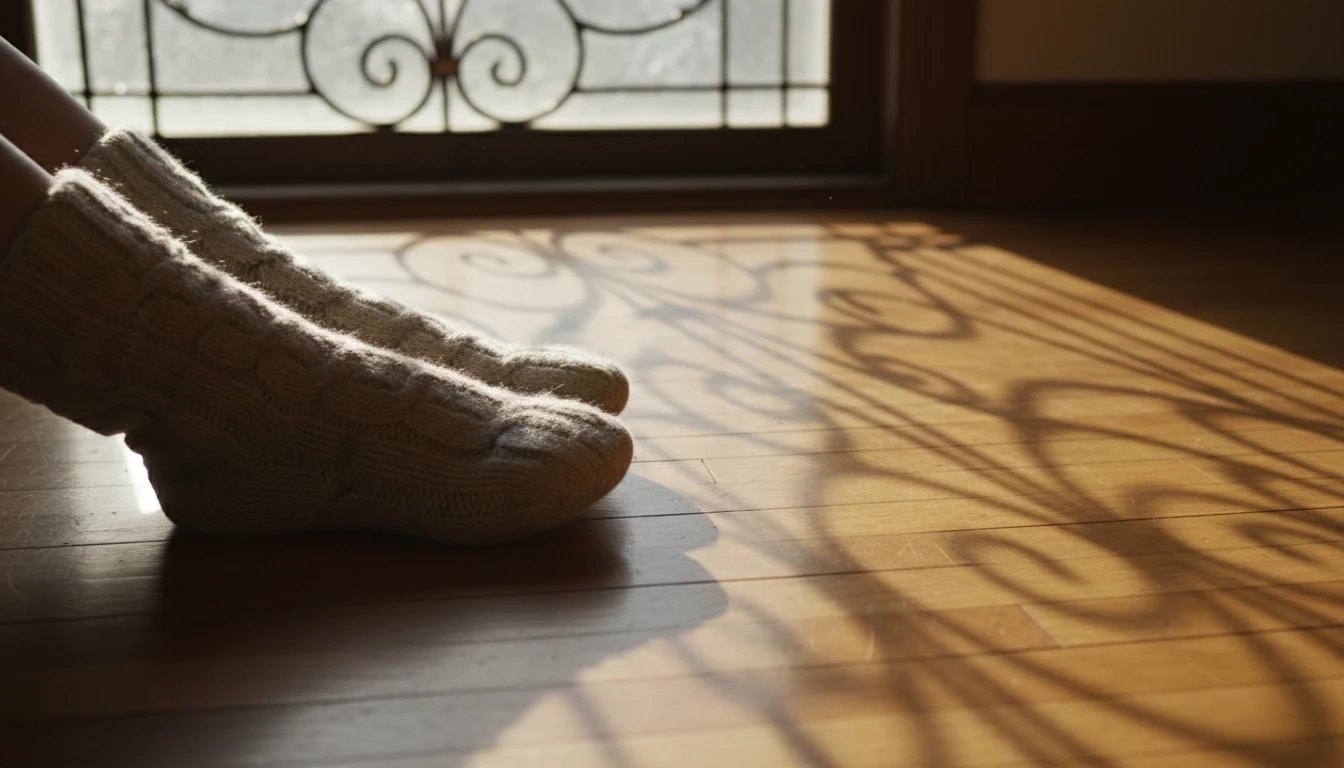 Stocking feet with unique shadow patterns from window